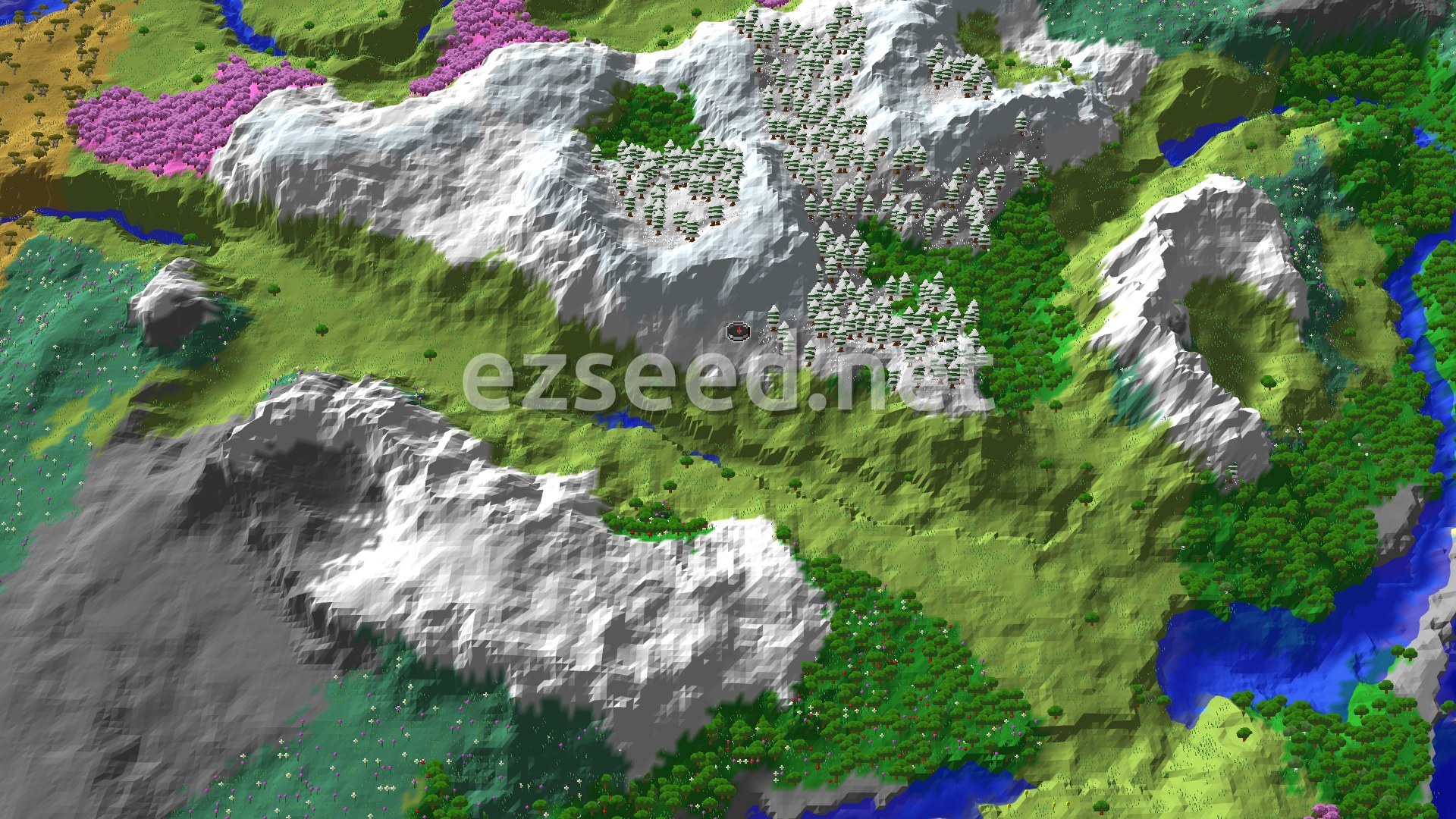 An aerial view of snowy mountains with green valleys and patches of forest, with a small spawn marker in the center.