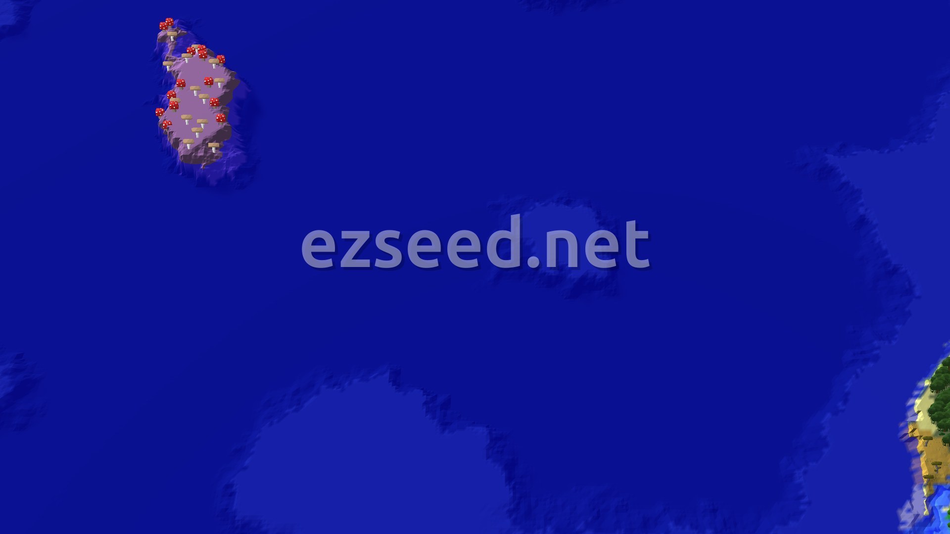 An aerial view of a small island covered in mushroom fields and giant mushrooms, surrounded by a vast blue ocean.