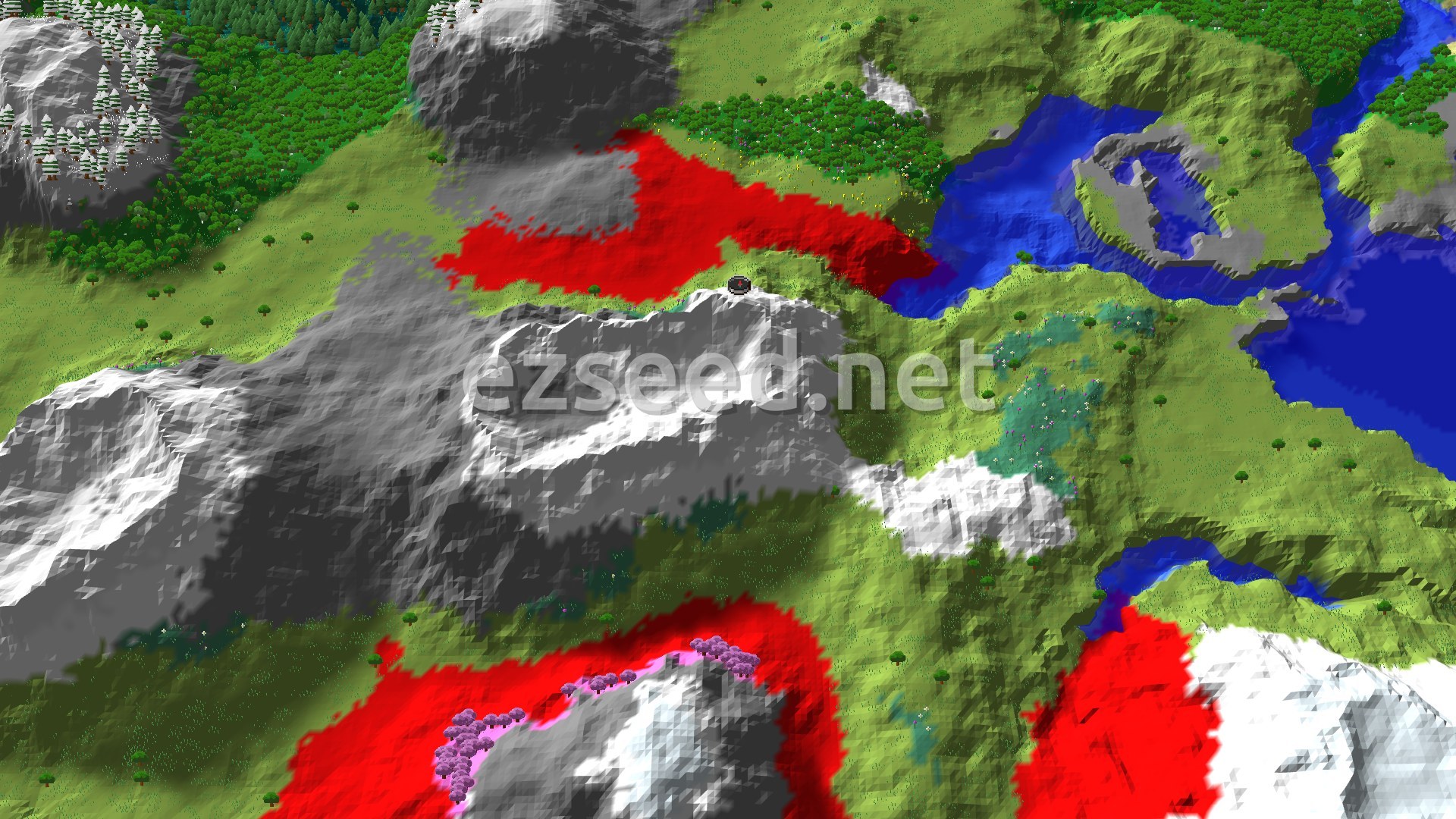 A 3D fly-over of a mountainous region around spawn, showing snowy peaks, green plains, and diverse tree types.