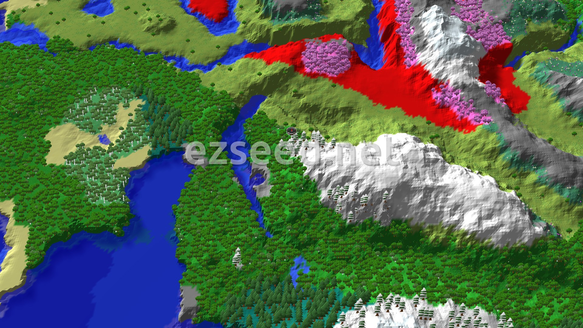 A bird's eye view of a diverse Minecraft landscape featuring dense green forests, a winding river, snowy mountains, a patch of light pink cherry blossoms, and a large red area possibly indicating a badlands biome.