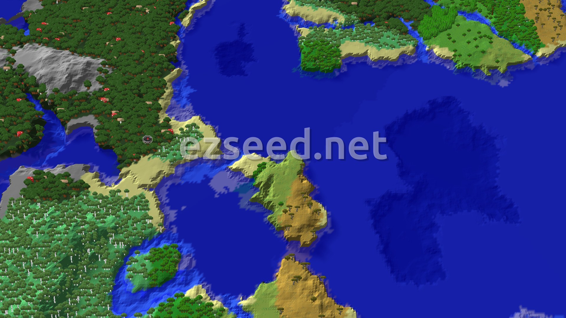 A 3D overhead view of a dark forest covering hills, bordered by beaches and a large ocean, with a spawn marker.