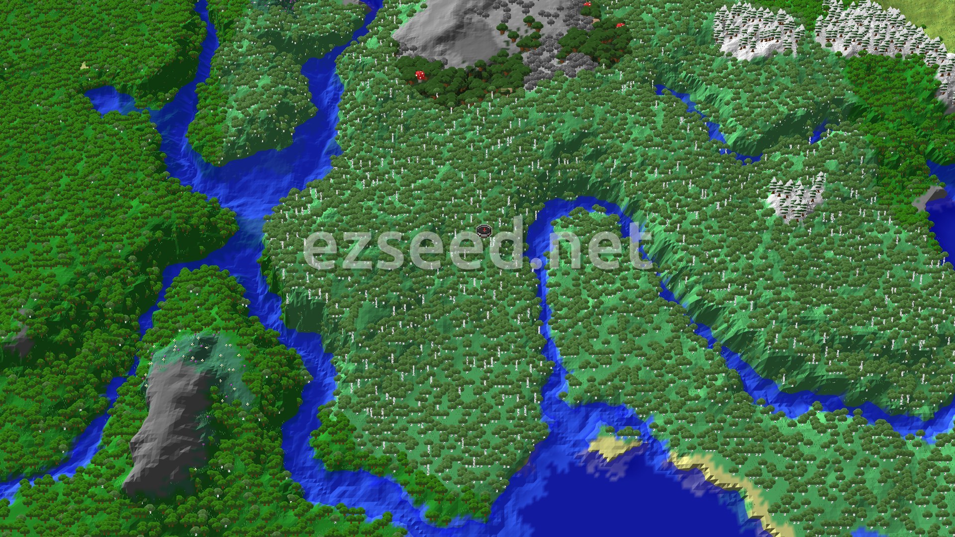 An overhead 3D view of a heavily forested landscape, featuring rolling hills of various green trees, winding blue rivers, and a distant snowy mountain range. A small red spawn marker is visible in the center.