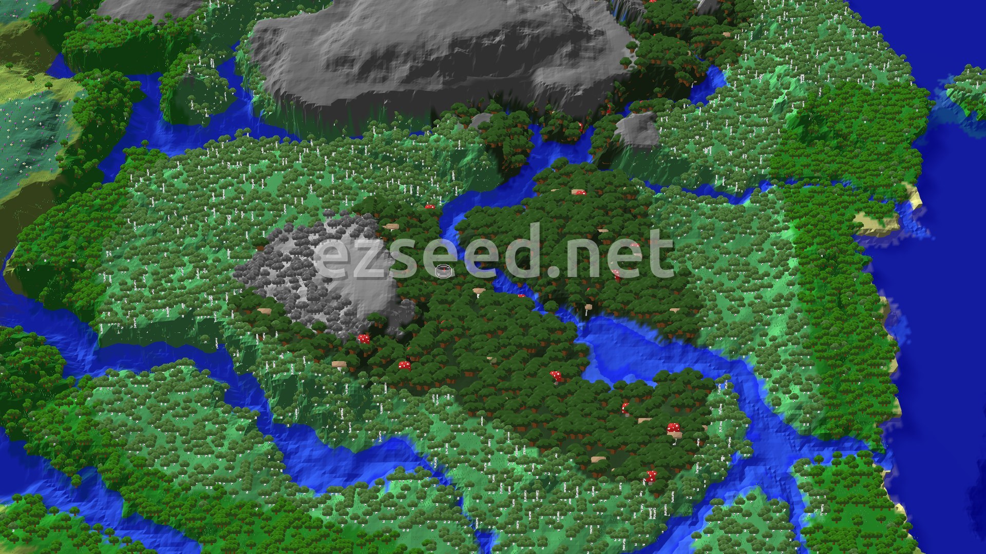 Aerial Minecraft seed map — Pale Garden and Dark Forest near spawn