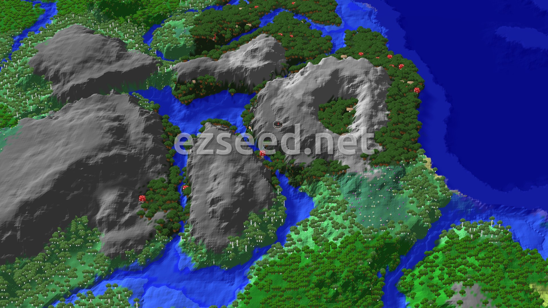 An aerial view shows a dense dark forest with tall trees, contrasting with lighter green forests and some open areas. Gray mountains rise sharply, with rivers flowing through valleys and a large blue ocean to the right. A small spawn marker is visible in the center.