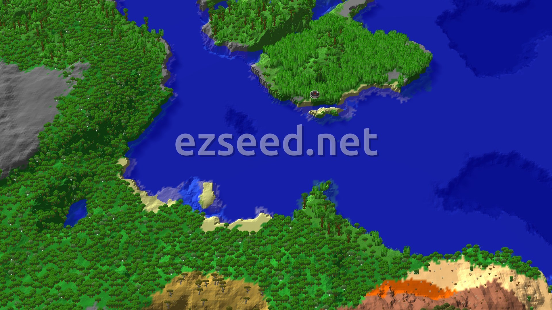 A 3D birds-eye view of a verdant Bamboo Jungle island and coastline, surrounded by blue ocean with scattered beaches. A small spawn marker indicates the starting point.