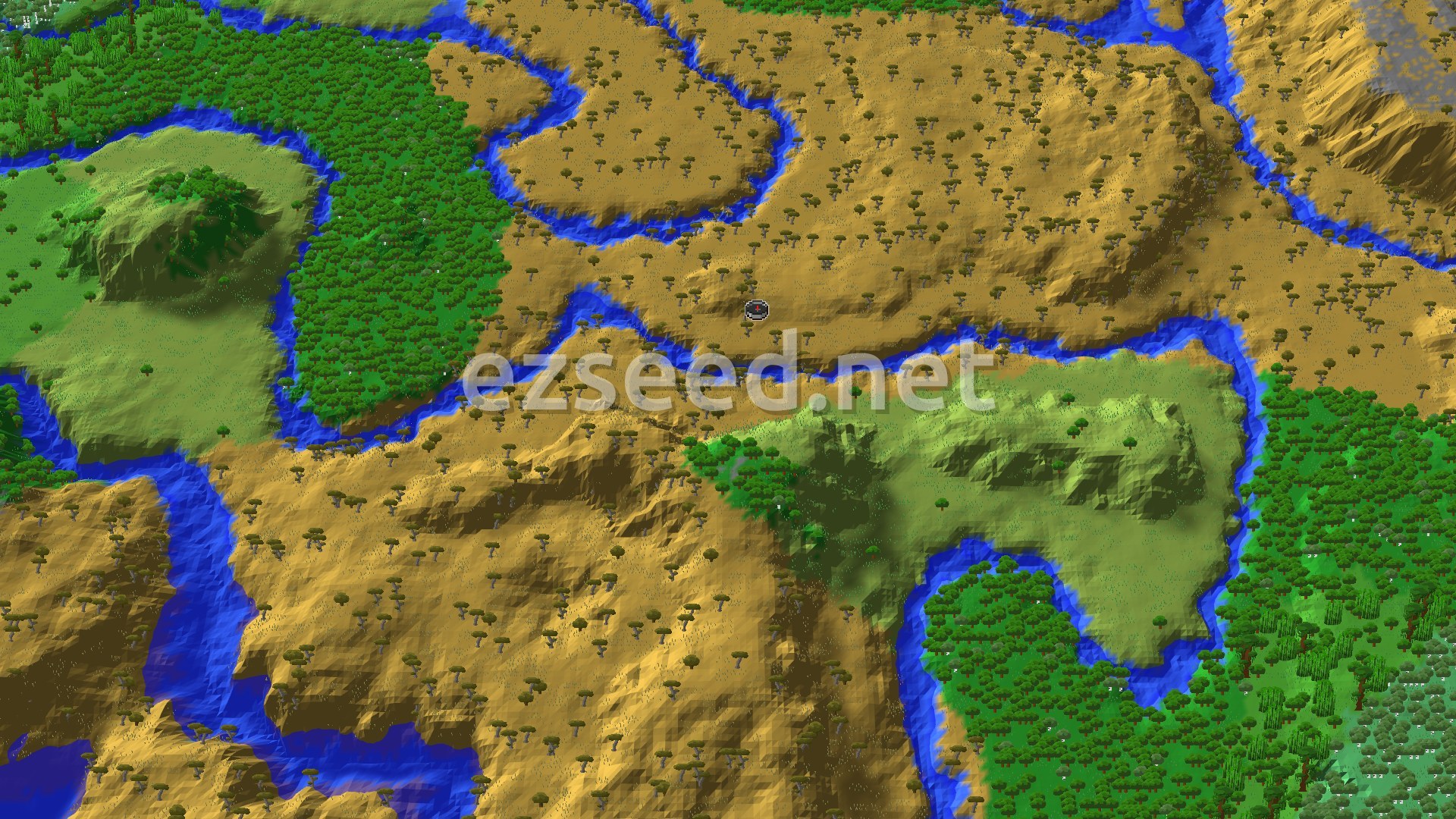 An overhead view of rolling savanna hills and scattered trees, with a winding river and patches of forest in the distance.