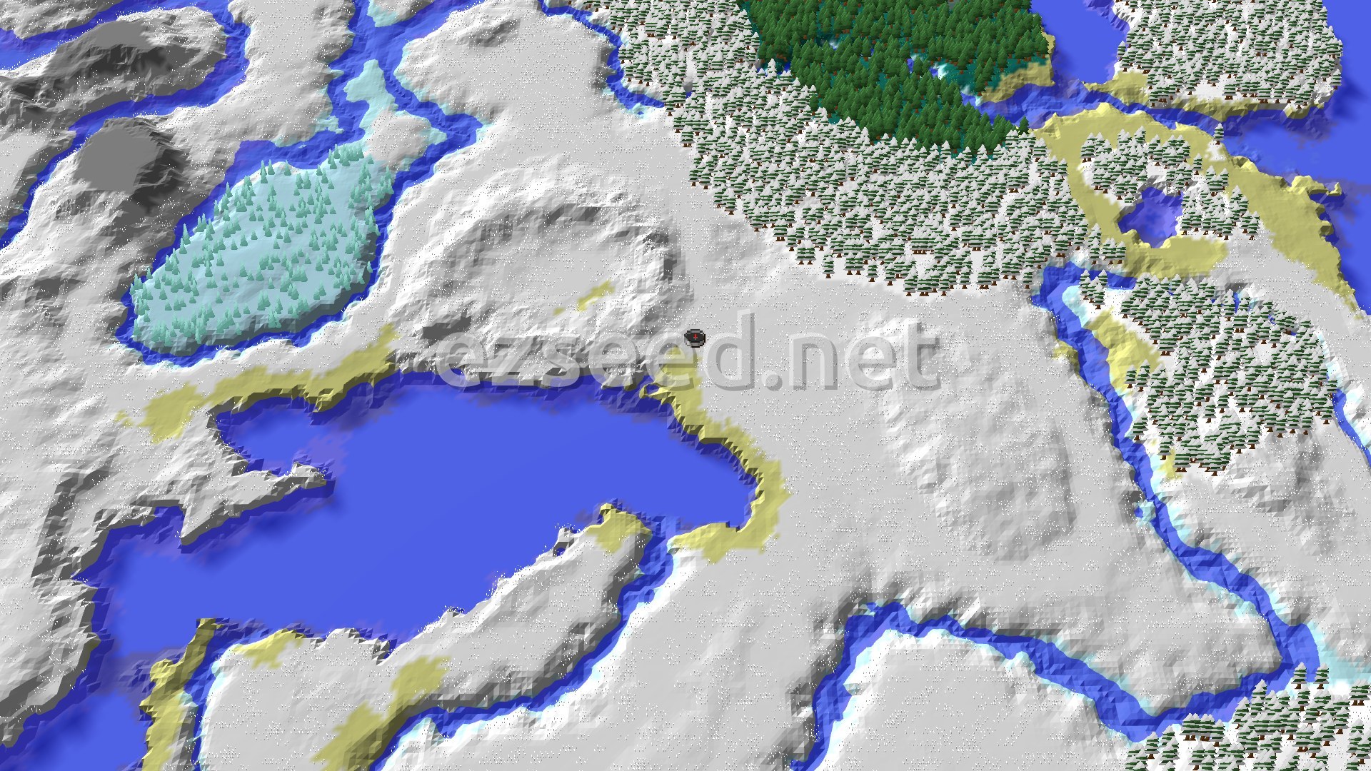Aerial Minecraft seed map — Frozen Ocean and Snowy Plains with Nearby Structures
