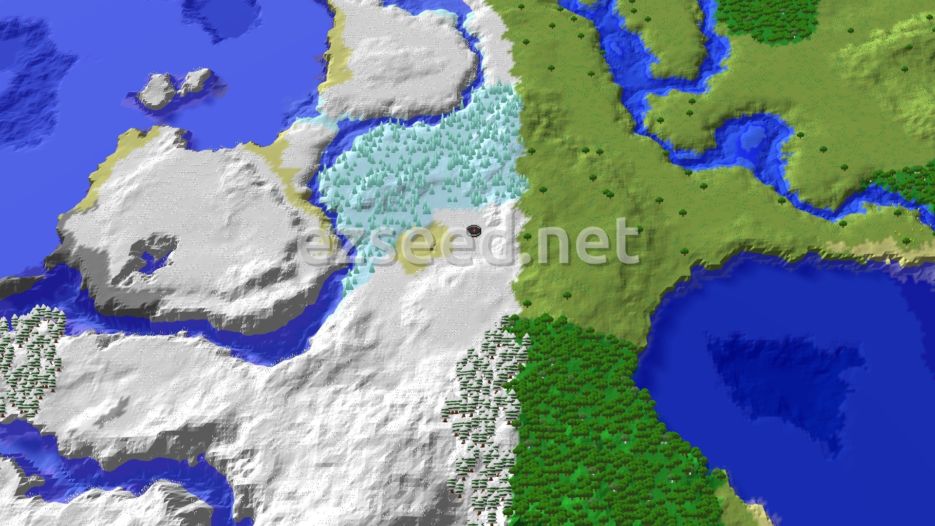 Aerial Minecraft seed map — Ice Spikes Near Spawn in a Snowy World