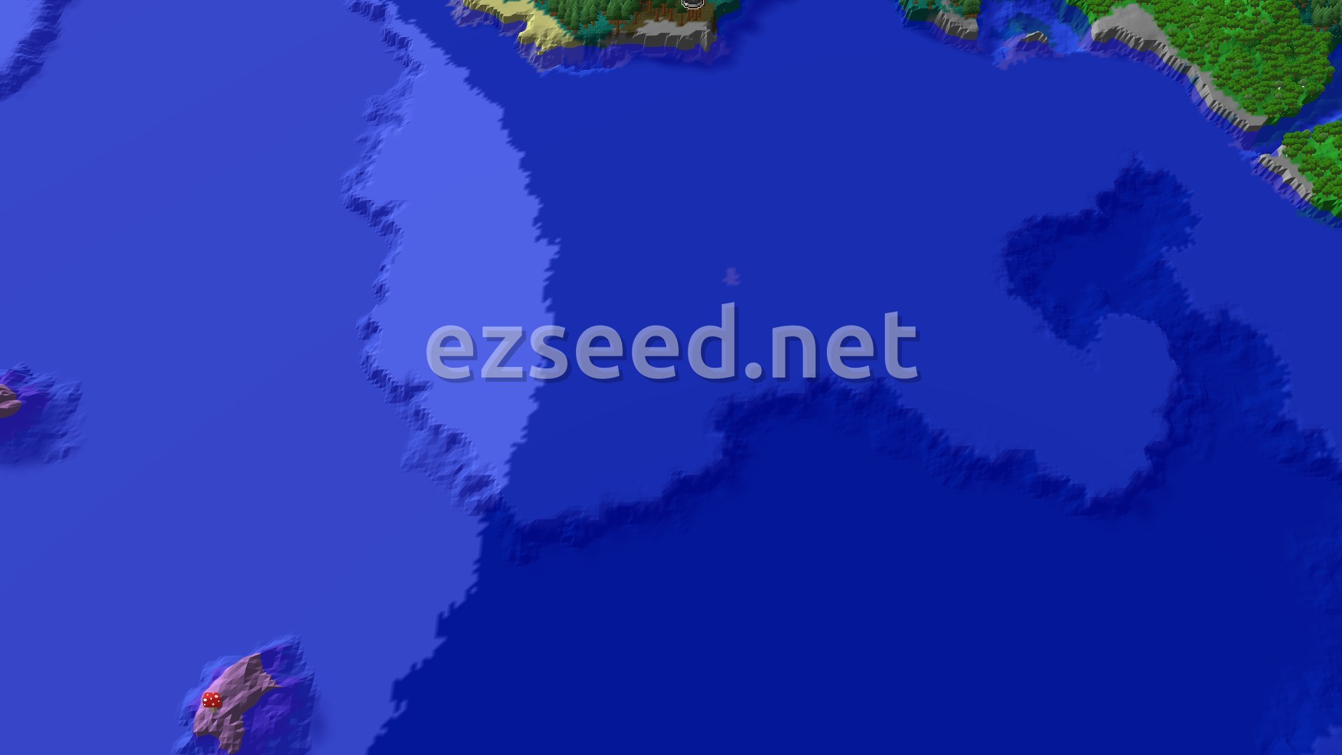 A 3D fly-over of a small forested island, surrounded by a vast blue ocean. A tiny spawn marker sits near the center of the island, with green trees covering most of the land.
