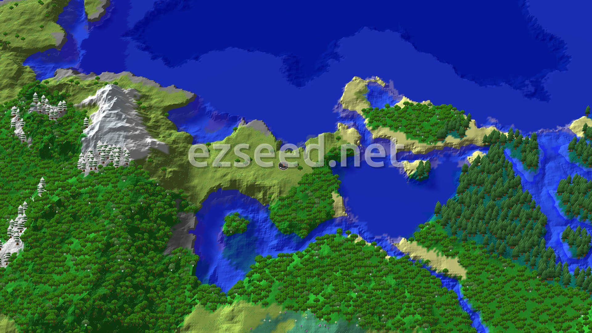 A lush forest with a river winding through it, surrounded by rolling plains and distant snowy mountains under a clear sky.