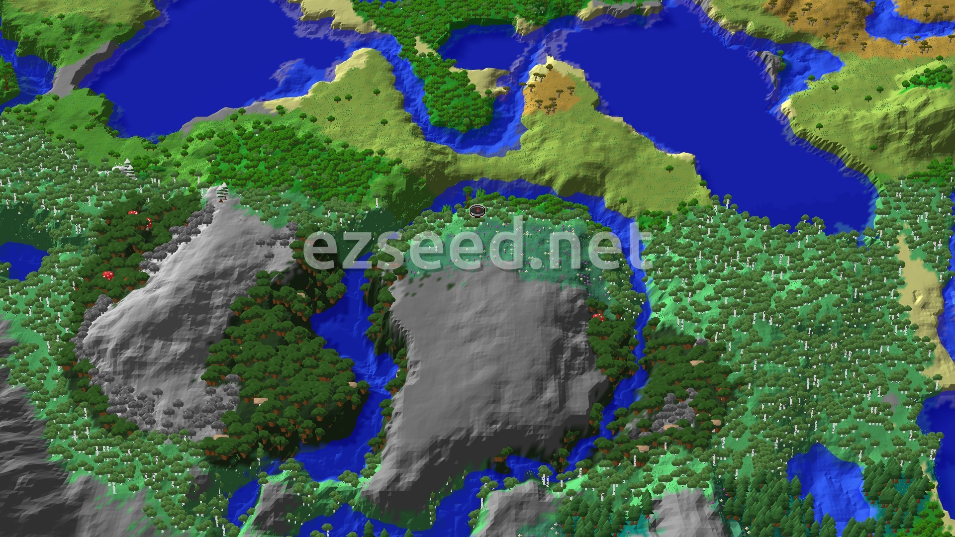 Aerial Minecraft seed map — Ancient City Under a Forested Mountain