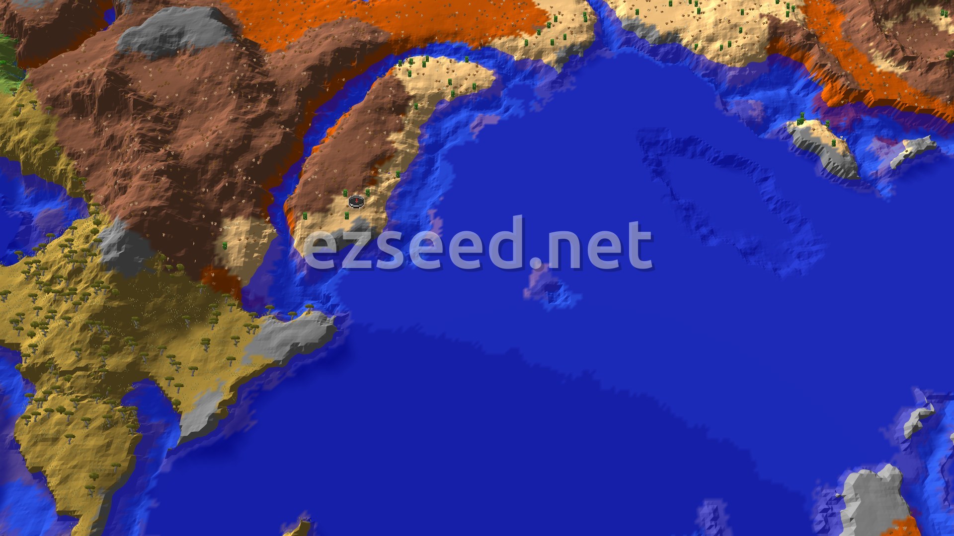 An overhead 3D view shows a vast blue ocean with an irregular coastline. To the left, a large tan savanna biome with acacia trees leads into brown badlands and some grey stony shore. A small spawn marker is visible near the coast.