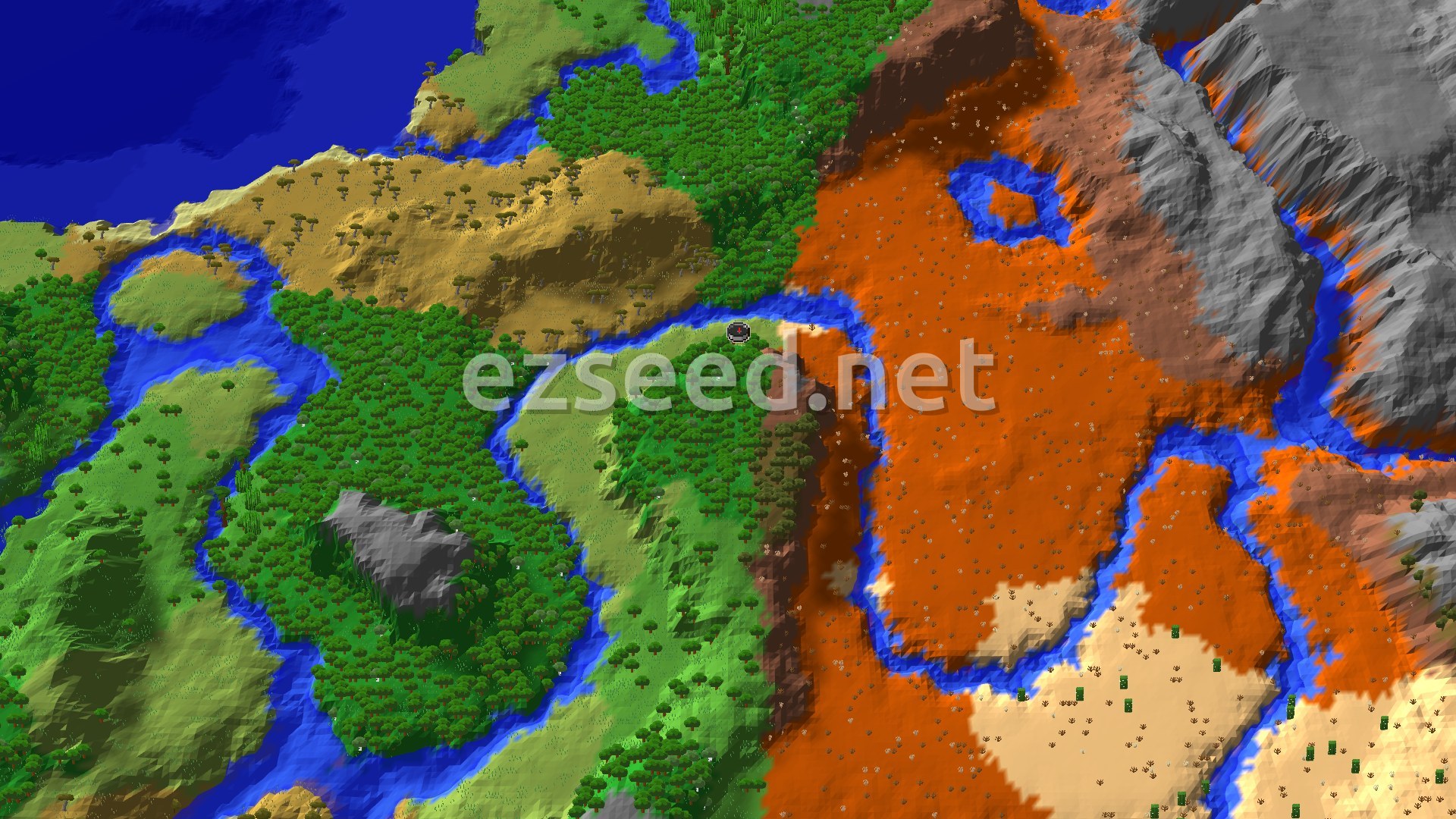 A sweeping view of a forest, badlands, and plains landscape around a small spawn point, with a river winding through the terrain.
