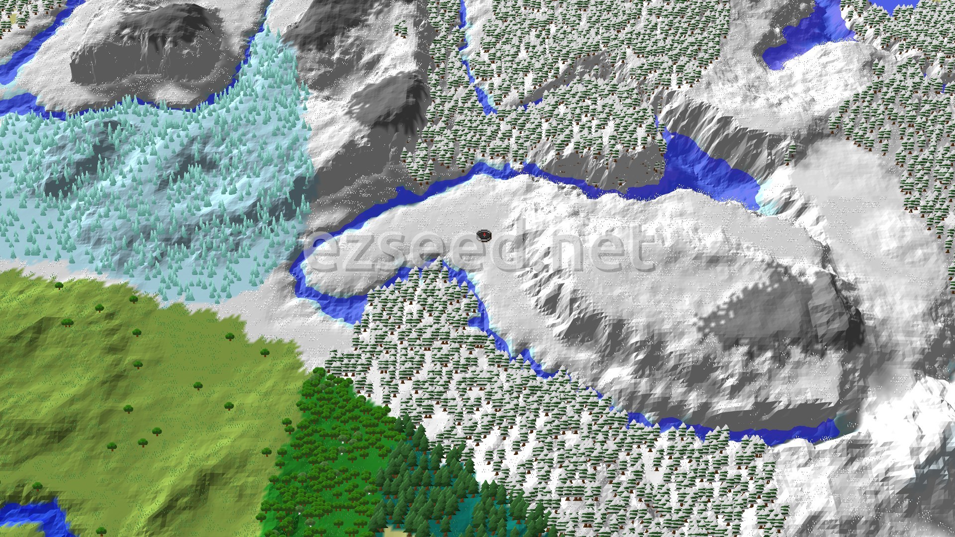 Aerial Minecraft seed map — Ice Spikes Near Spawn Amidst Snowy Plains