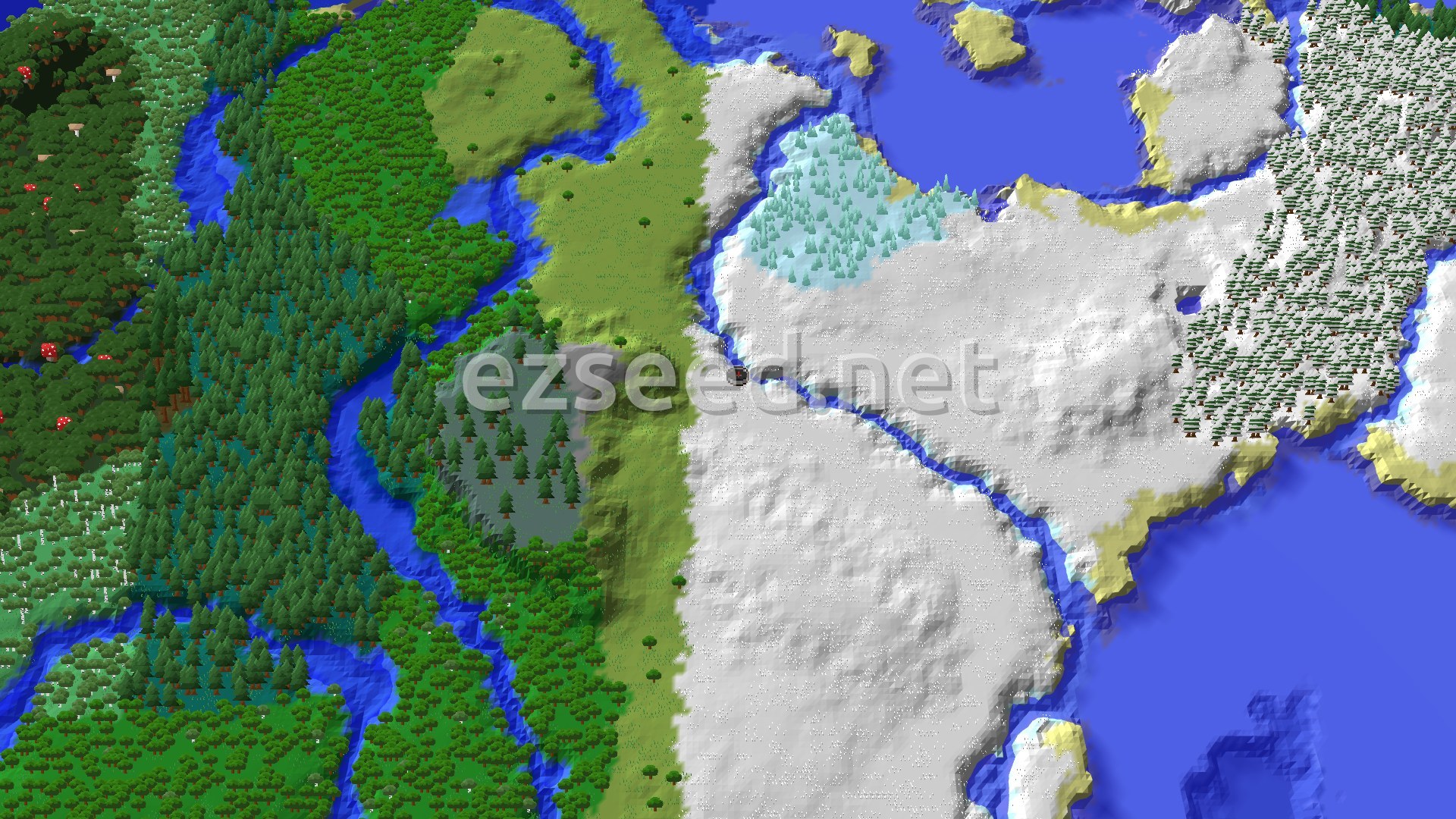 An aerial view of a snowy plains biome meeting a river and various forest biomes, with some ice spikes visible.