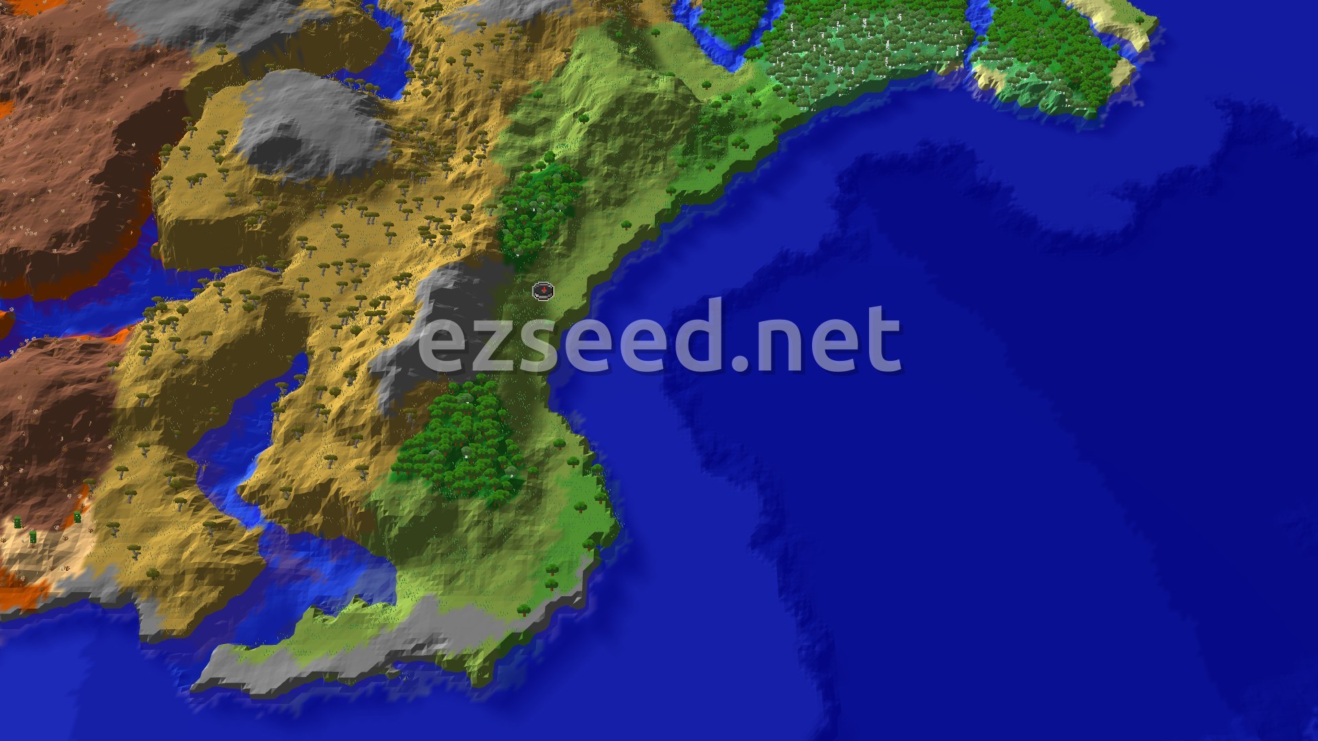 Aerial Minecraft seed map — Ancient City Near Spawn, Badlands Nearby