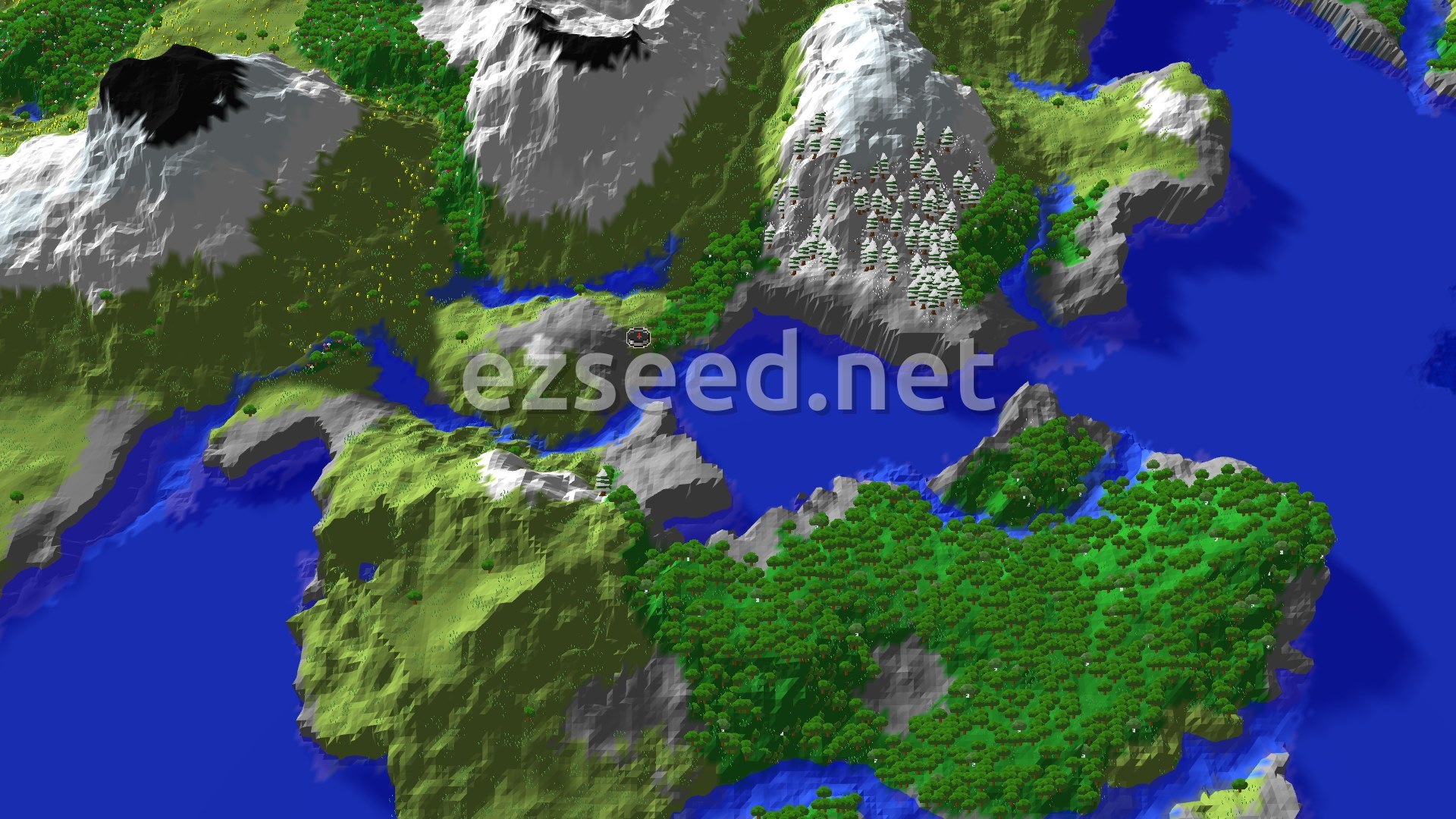 An aerial view of a Minecraft world showing a central body of water surrounded by green plains, dense forests, and snowy mountains with jagged peaks.
