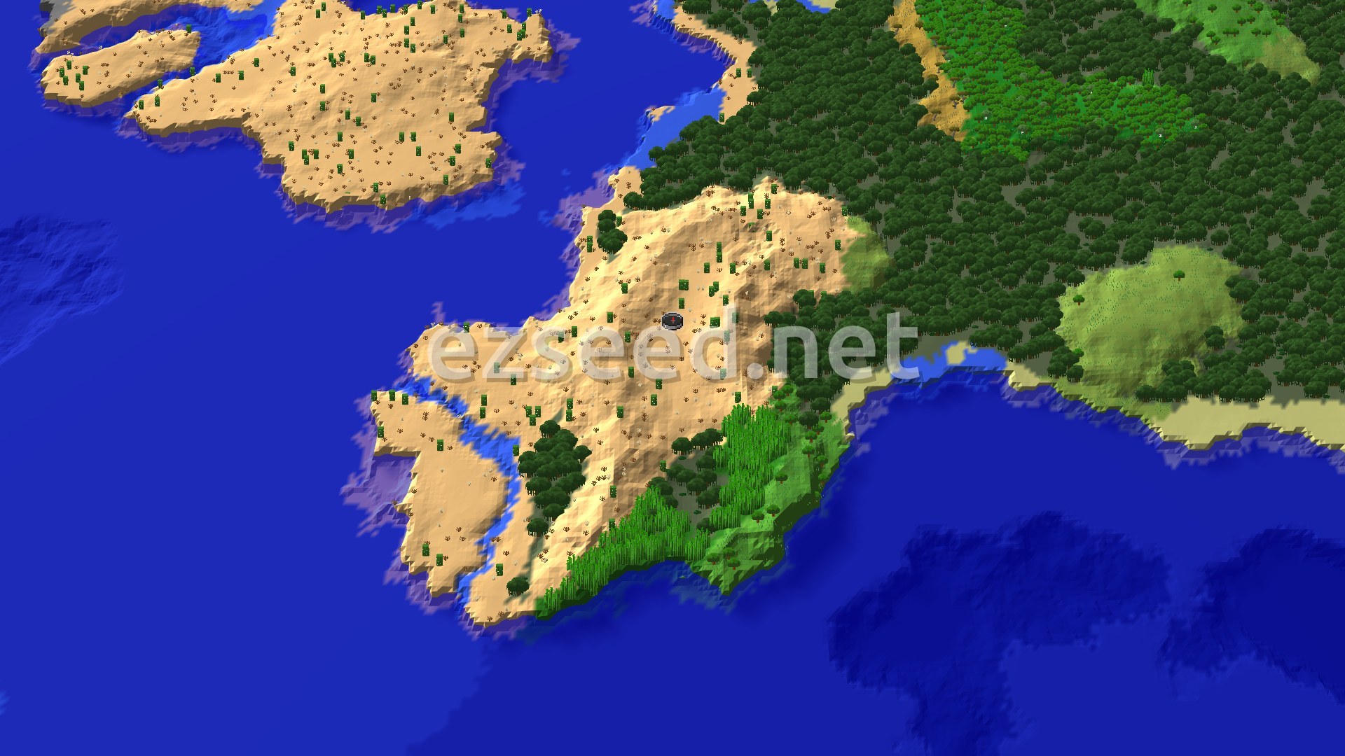 An aerial view shows a desert peninsula with scattered cacti, bordered by a large expanse of deep blue ocean. To the east, the desert transitions into a lush, dense jungle with varying shades of green foliage.