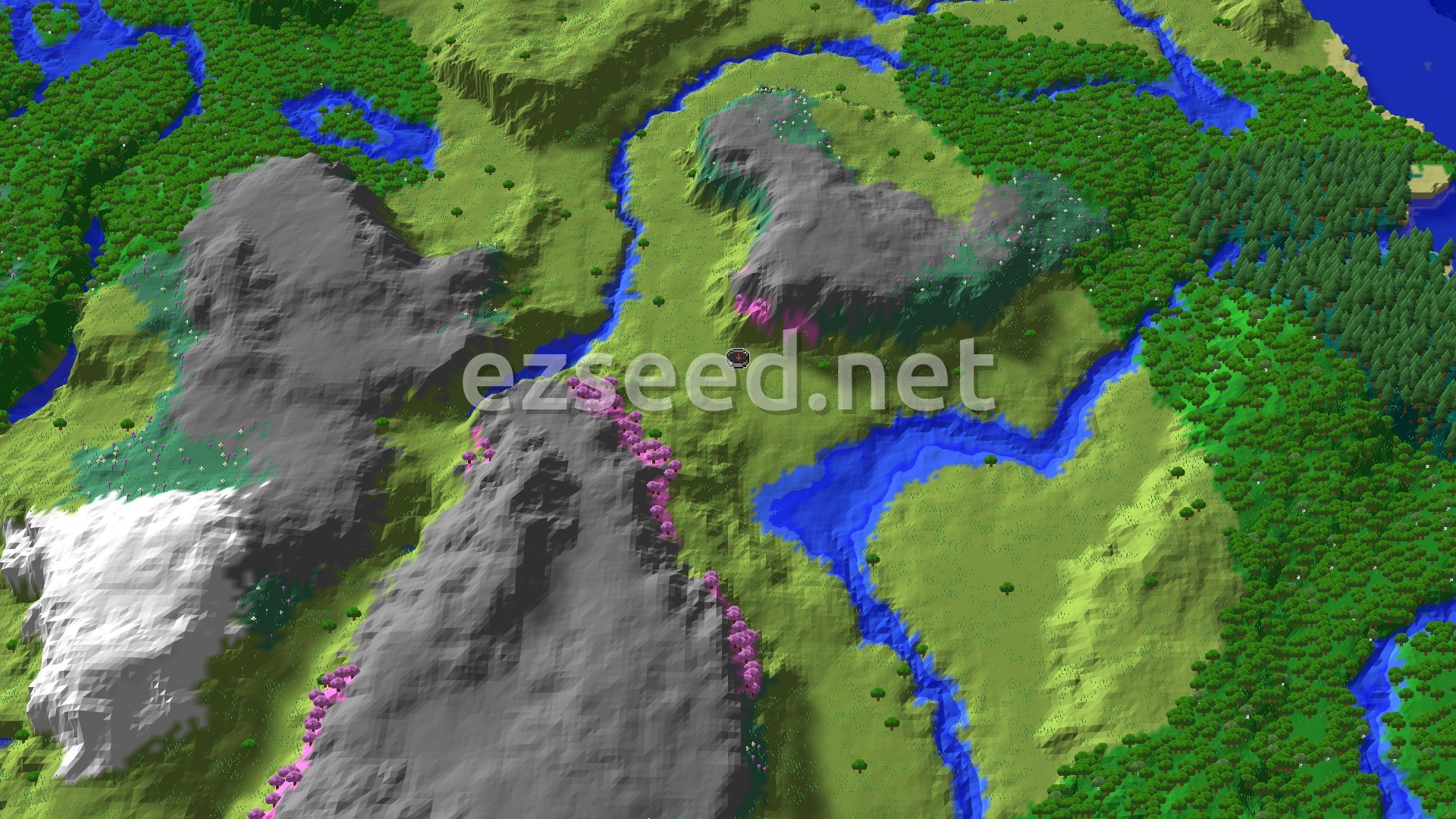 An aerial view of a varied landscape, featuring a large gray mountain range with a prominent cherry grove, green plains, a winding blue river, and dense forests.