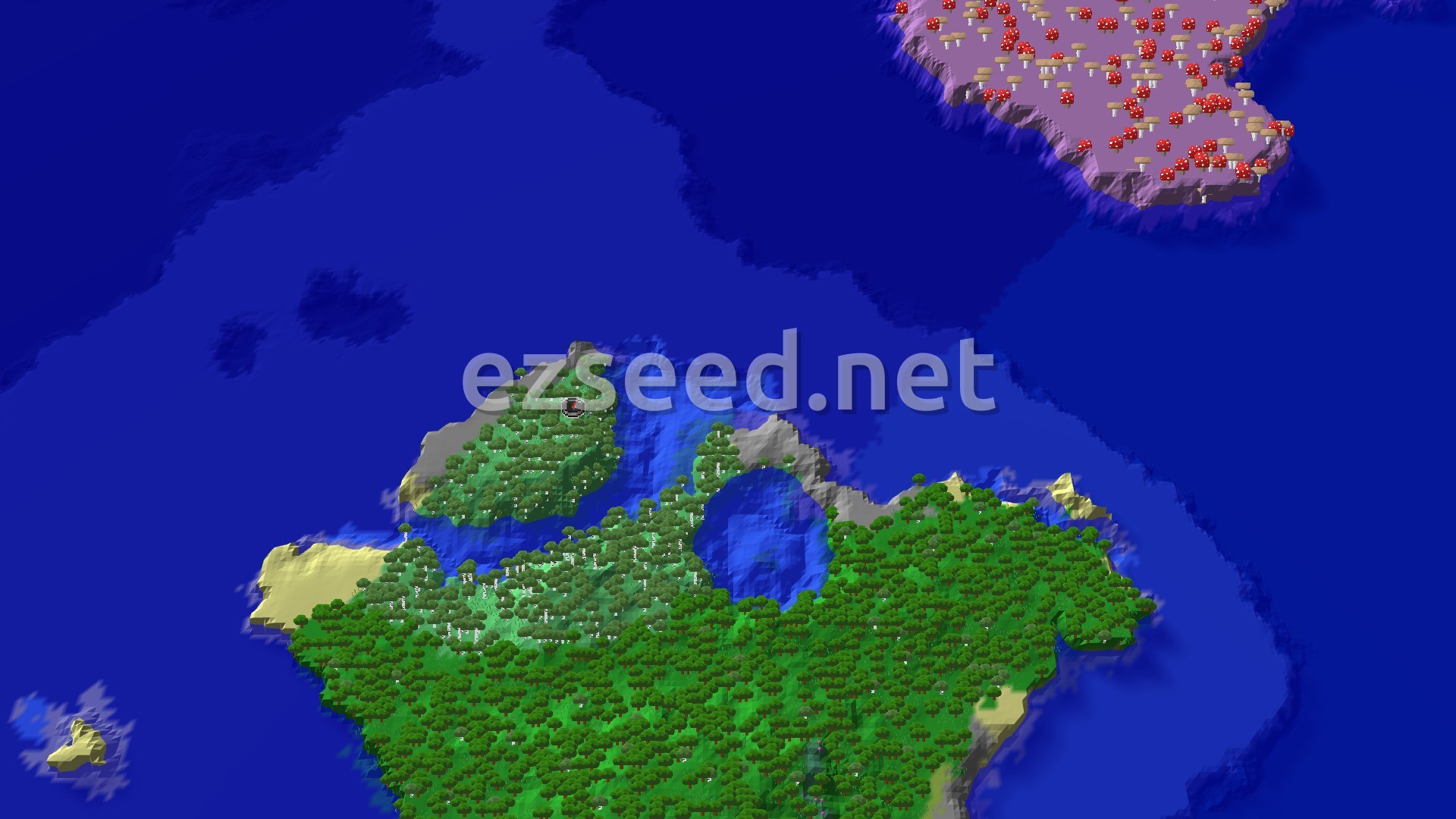 An aerial view of a birch forest peninsula jutting into a large ocean, with scattered trees and gentle hills.