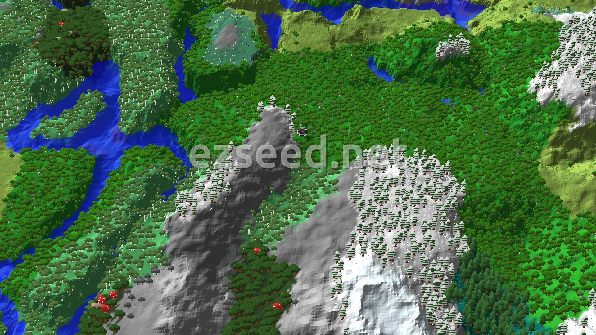 An aerial view showing a lush green forest at the center with a marker, flanked by a tall snowy mountain peak to the south and a winding river to the north.