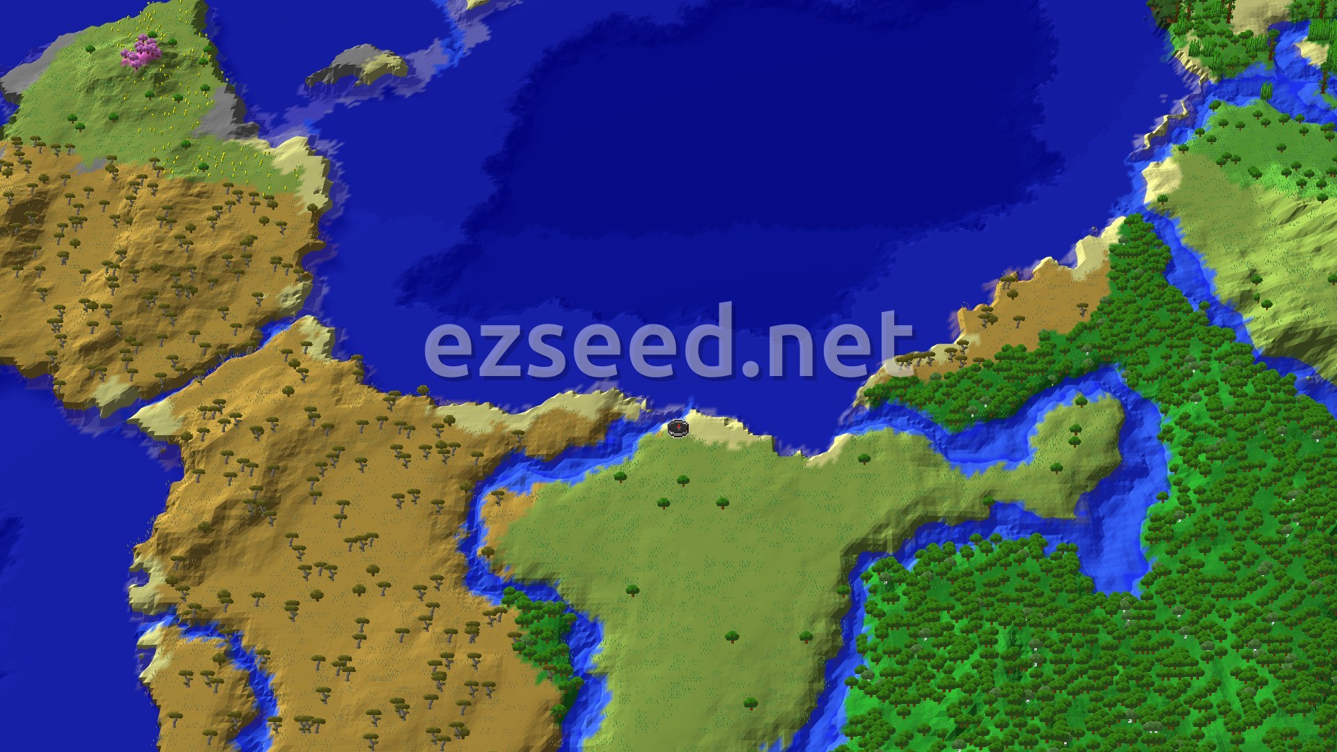 A 3D fly-over of a varied landscape around a spawn marker. To the west, a large savanna and badlands area. To the east, dense forests and hills. A large ocean dominates the north with a prominent bay near spawn. Rivers cut through the terrain.