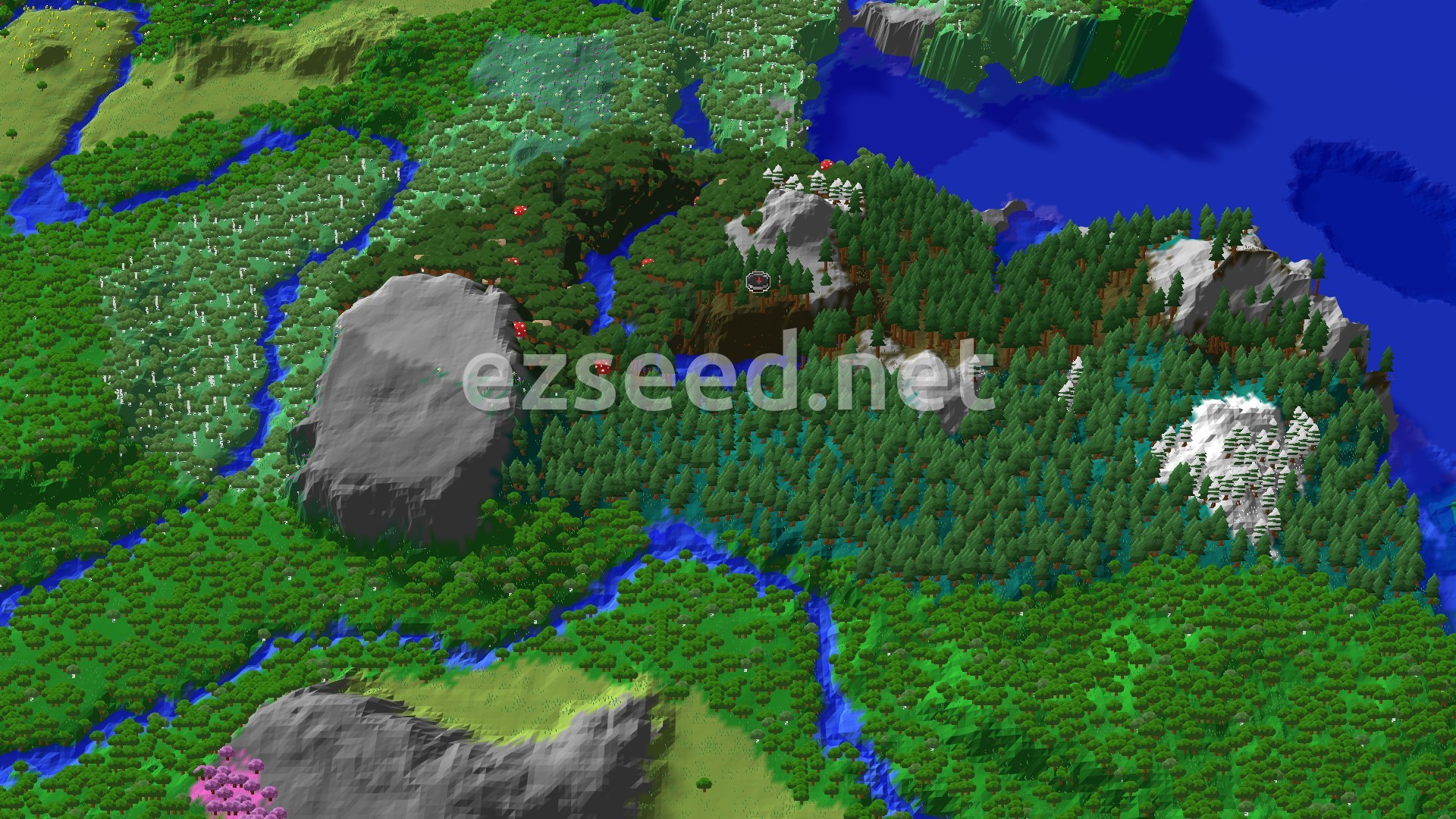 A bird's-eye view of a diverse Minecraft landscape featuring a mix of green forests, a winding blue river, and some snowy mountain peaks near the spawn point.