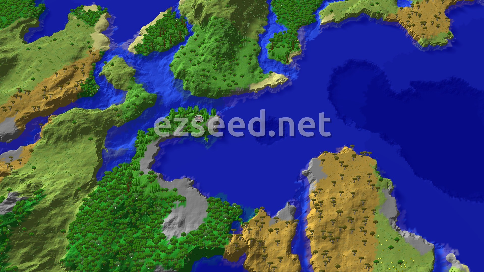 An aerial view of a verdant jungle island surrounded by blue ocean, with patches of savanna and stony shore visible.