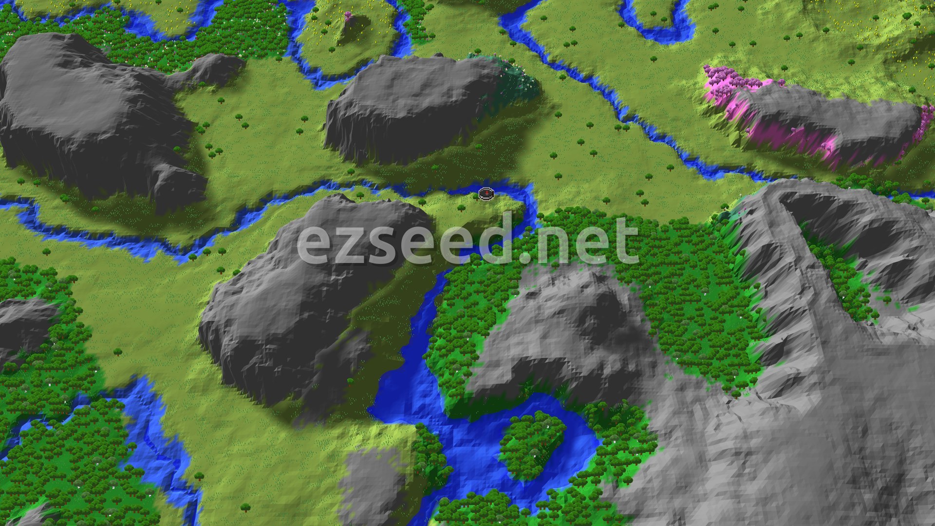 An aerial view of a mostly flat plains biome with scattered trees and winding rivers, bordered by several rocky mountains, with a small spawn marker in the center.