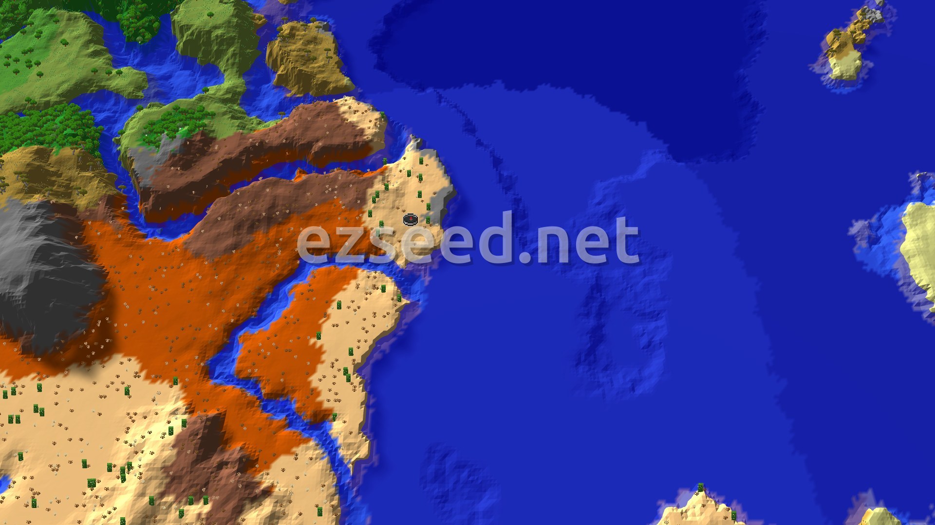 An aerial view shows a desert landscape with scattered cacti and brown-orange badlands, bordered by a blue ocean with some green forested areas further inland.
