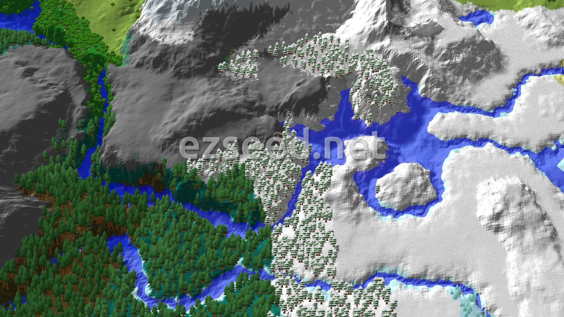 An aerial view showing a snowy landscape with white-capped mountains, patches of evergreen trees, and a winding blue river.