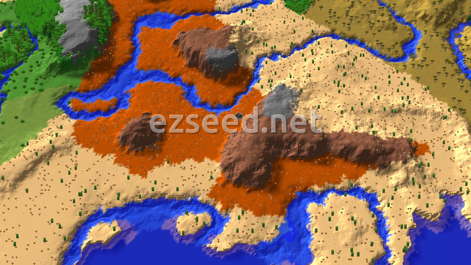 An overhead view of a diverse landscape featuring reddish-orange badlands, sandy desert, green plains, and winding blue rivers, with a small spawn marker in the badlands.