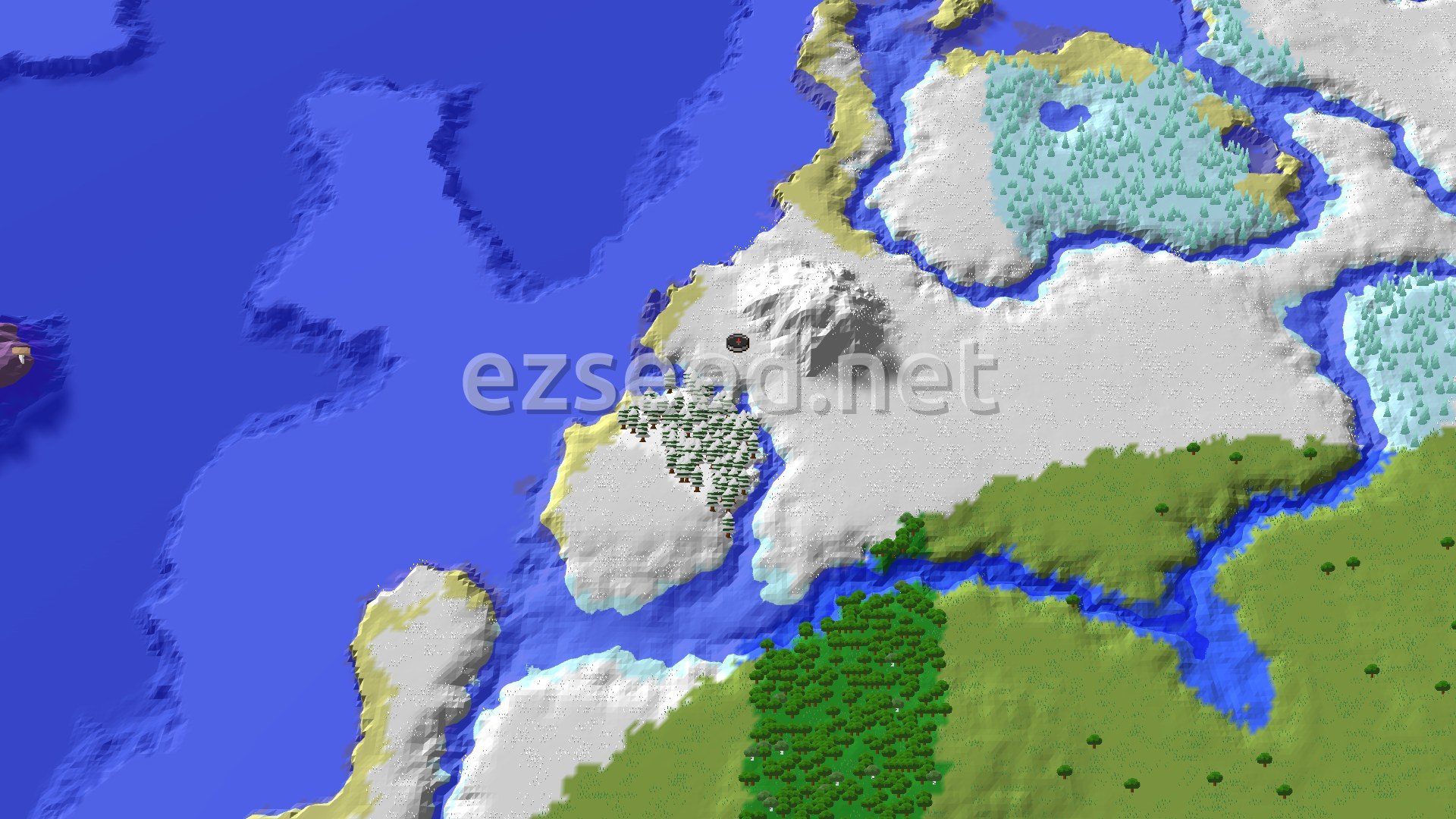 Aerial Minecraft seed map — Snowy Start with a Nearby Village and Ocean Monument