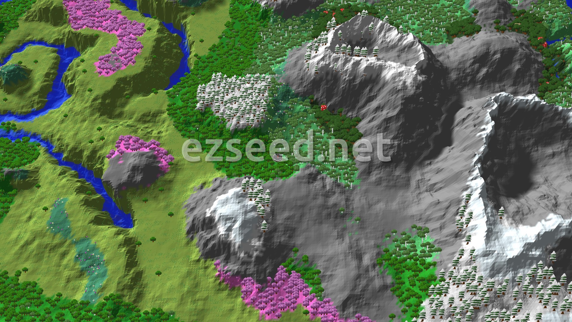 A sweeping aerial view of a valley surrounded by various mountain biomes, including sections of pink-leafed Cherry Grove, snow-capped peaks, and dense forests, with a river winding through the green terrain.