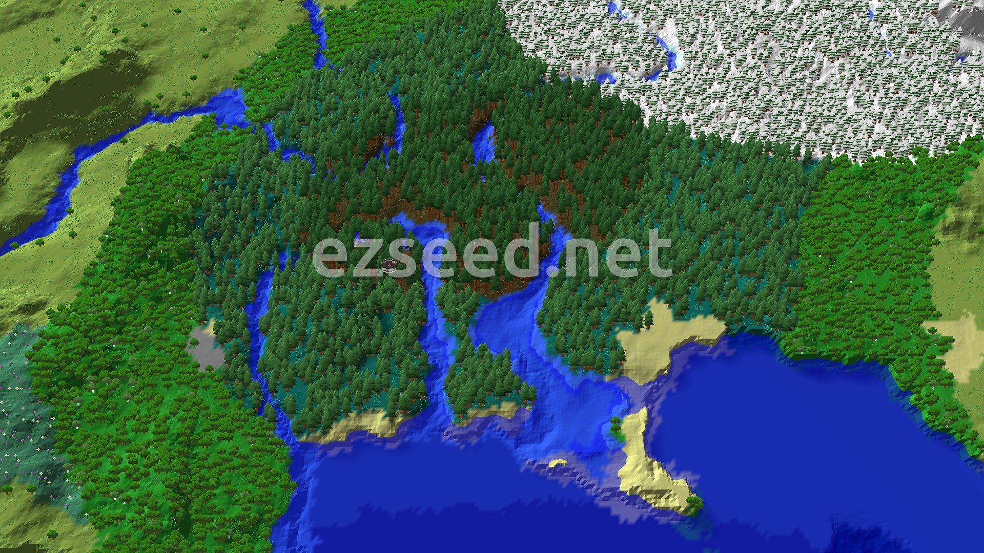 An aerial view of a dense pine forest with several rivers running through it, transitioning into a snowy taiga in the distance.
