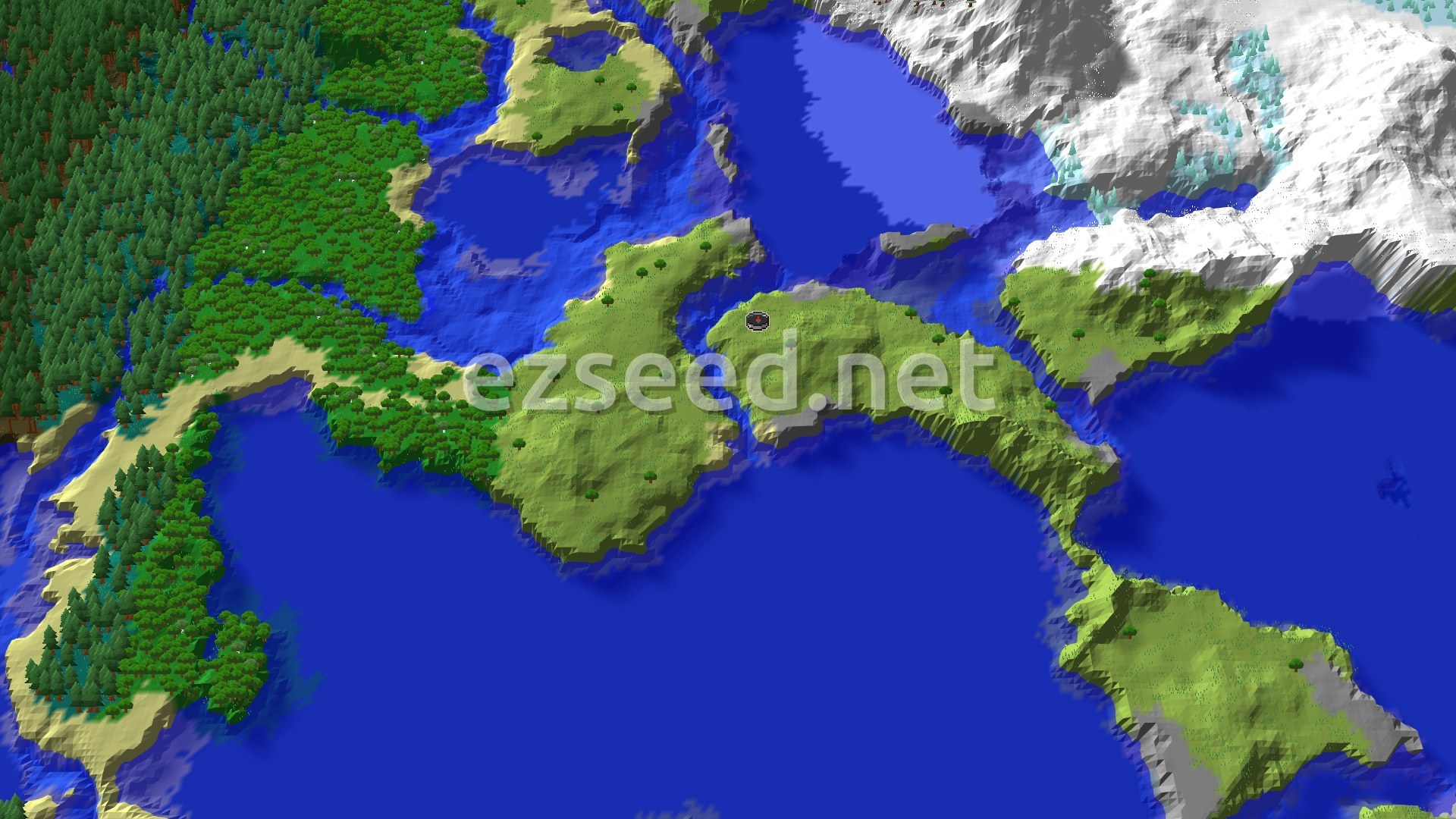 An aerial view of varied terrain around a small island with a spawn marker, showing plains, forests, and cold ocean leading to snowy peaks.