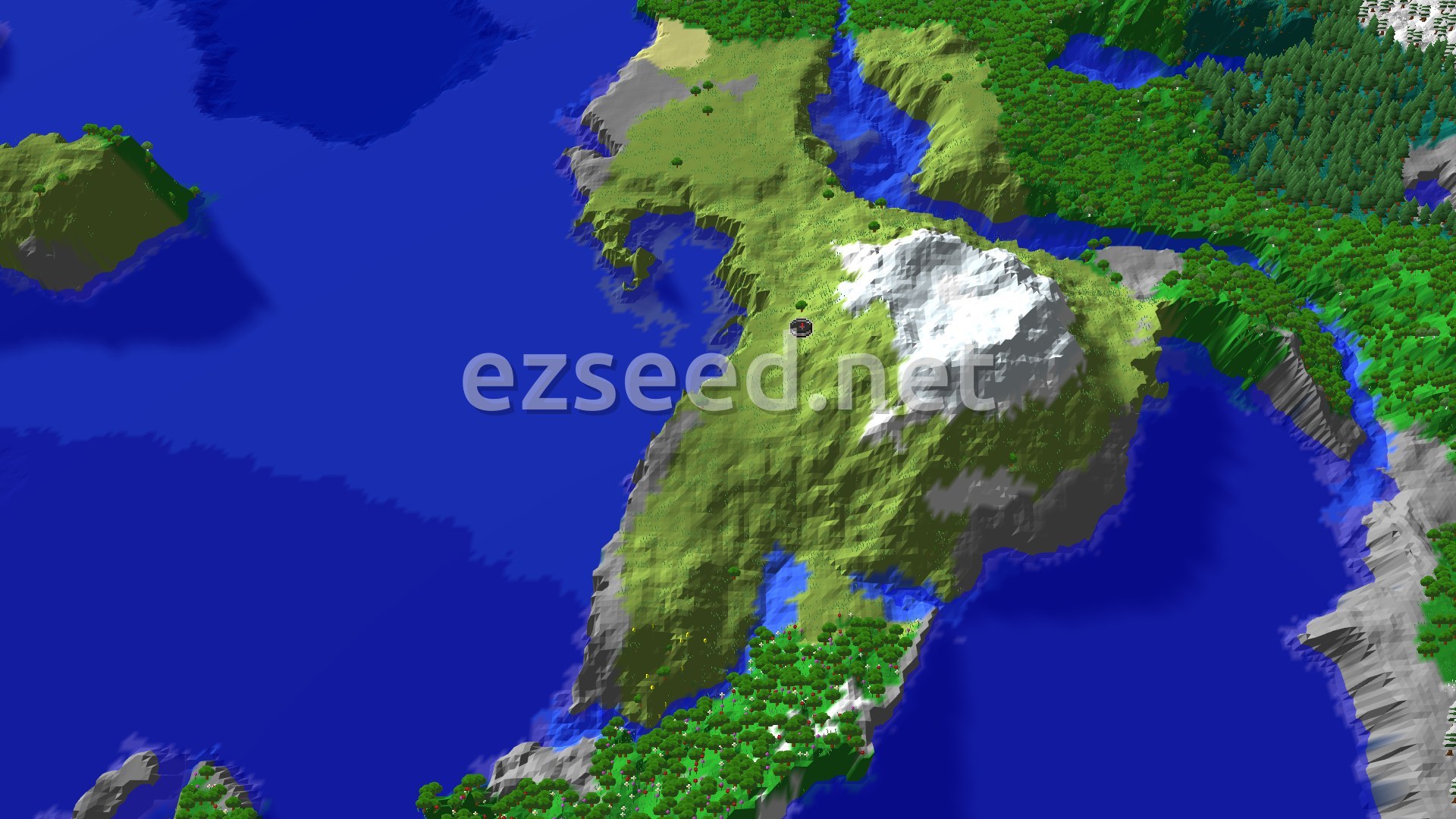 An overhead view of a plains biome with rolling hills and scattered trees, transitioning into cold ocean and distant frozen peaks.