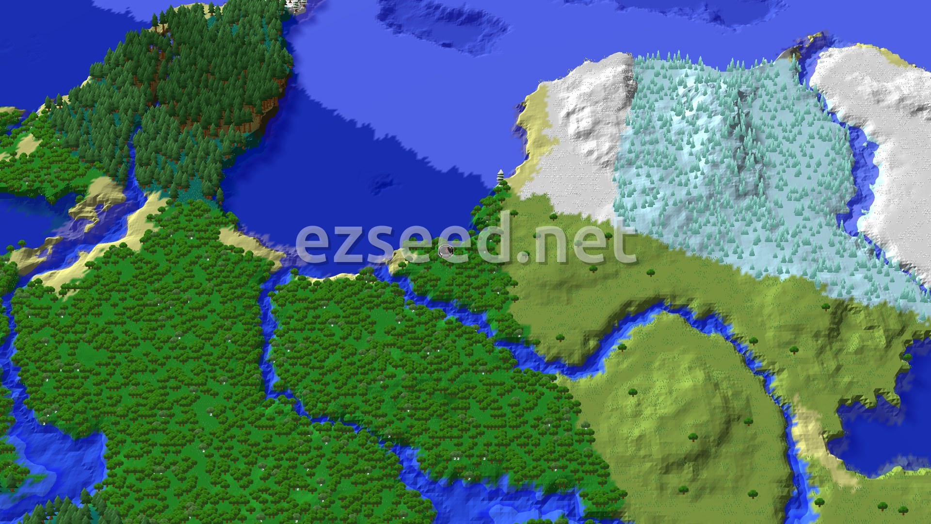 A 3D fly-over of a varied landscape with dense green forests, winding rivers, light-colored beaches, and a large snowy area with ice trees and white peaks, all bordered by blue oceans.