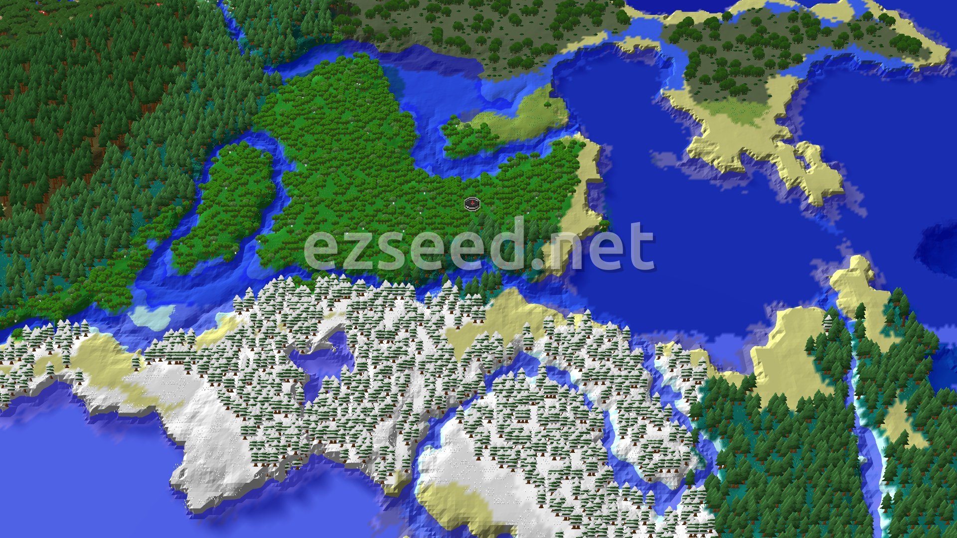 An overhead view of a diverse landscape, featuring a large forest with a river system, leading into a snowy biome with many pine trees and patches of sand and water.
