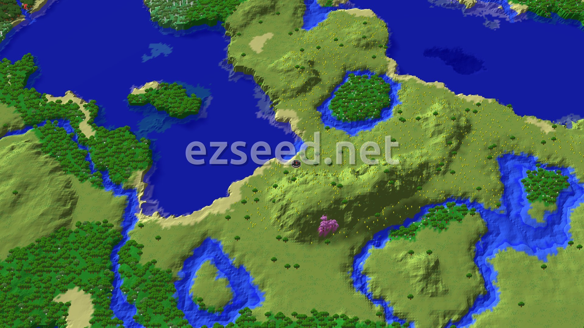 An overhead view of a diverse landscape featuring a large blue ocean, green plains, a distinct pink cherry grove, and various forests, with a spawn marker in the center.