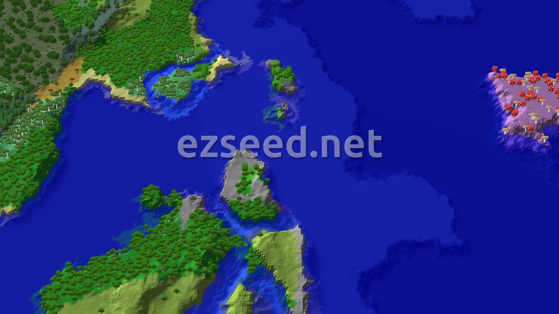 An aerial view shows a large island covered in varied biomes, including dense forests and a small jungle patch, surrounded by ocean, with a distinct Mushroom Fields island visible in the distance.