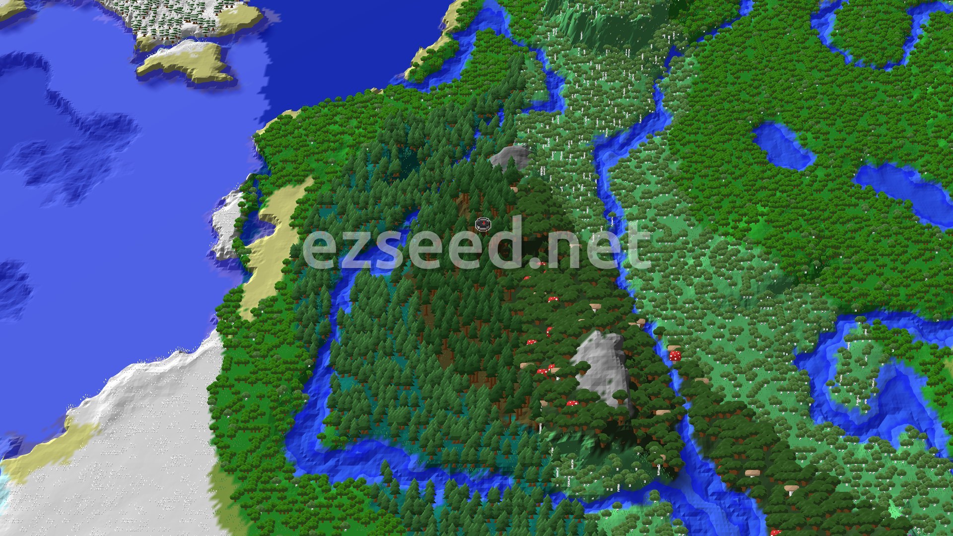 An aerial view of a dense forest biome with a small spawn marker in the center. Rivers wind through the trees, and a snowy, icy coastline is visible to the northwest.