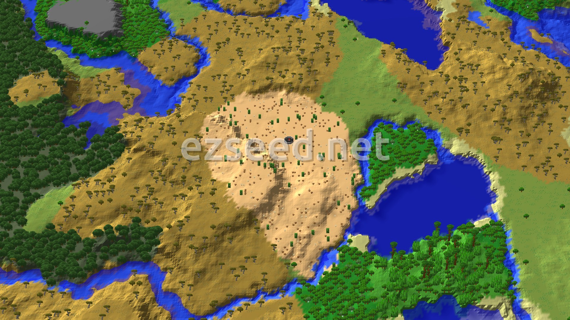 An aerial view of a central desert biome surrounded by savannas, forests, and winding rivers, with a small spawn marker in the middle.