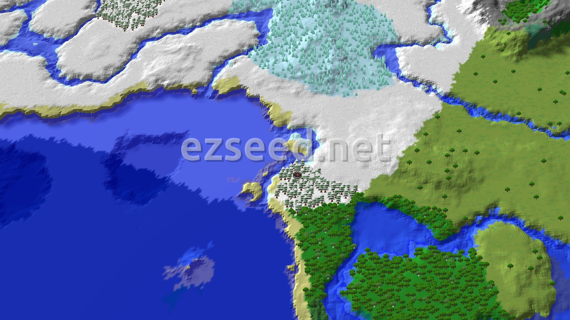 An aerial view of a snowy taiga landscape at spawn, with a large cold ocean to the west and south, and a forest to the southeast.