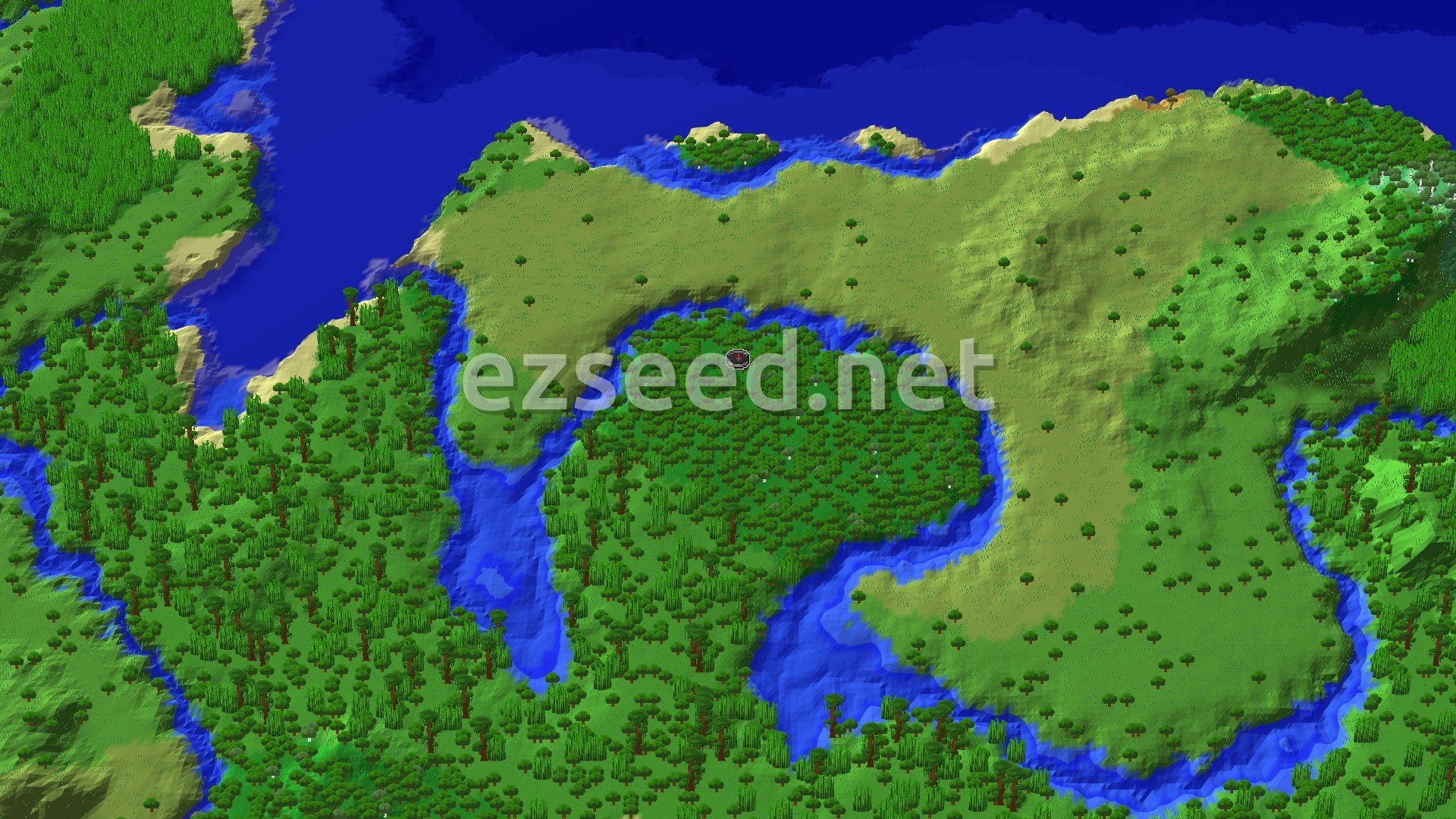 A 3D birds-eye view shows a dense forest at the center, surrounded by winding rivers, plains, and distant ocean.