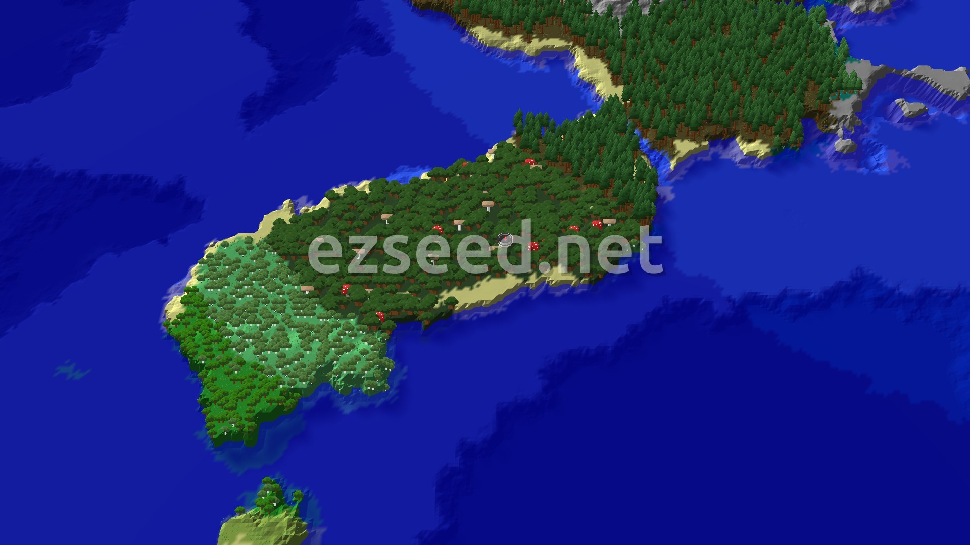 An aerial view of a large island covered in dark forest trees, with lighter green trees on one end and patches of beach around the edges, all surrounded by deep blue ocean.
