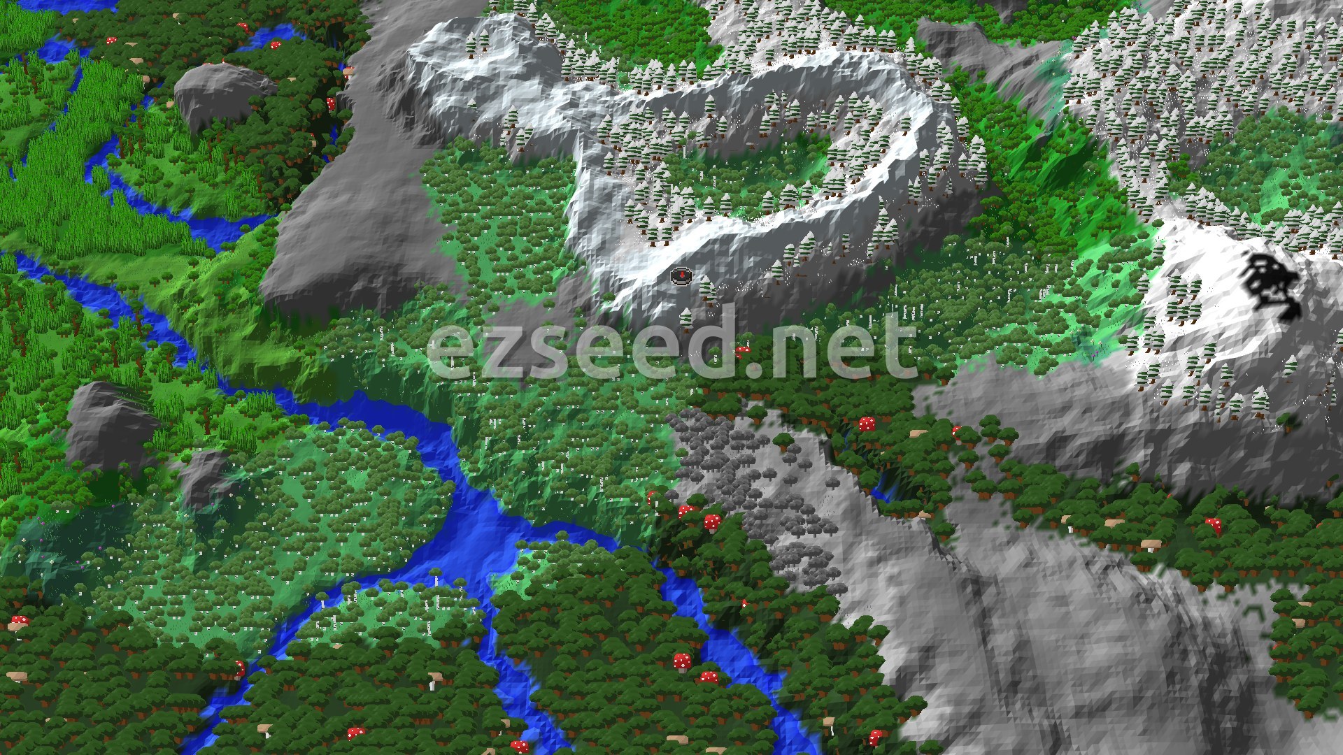 A bird's-eye view of a snowy mountain range with a river winding through a valley of diverse forests, including patches of dark oak trees and red mushrooms.