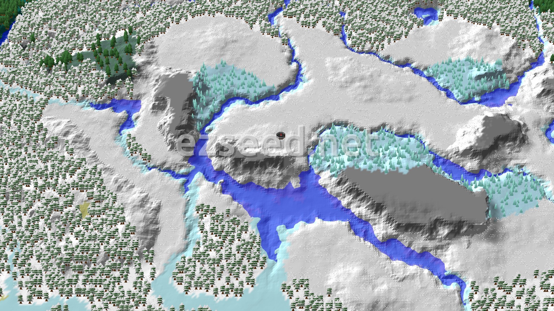 An aerial view of a snowy landscape featuring snow-covered plains, ice-capped mountains, and winding frozen rivers, with scattered evergreen trees and a small spawn marker in the center.