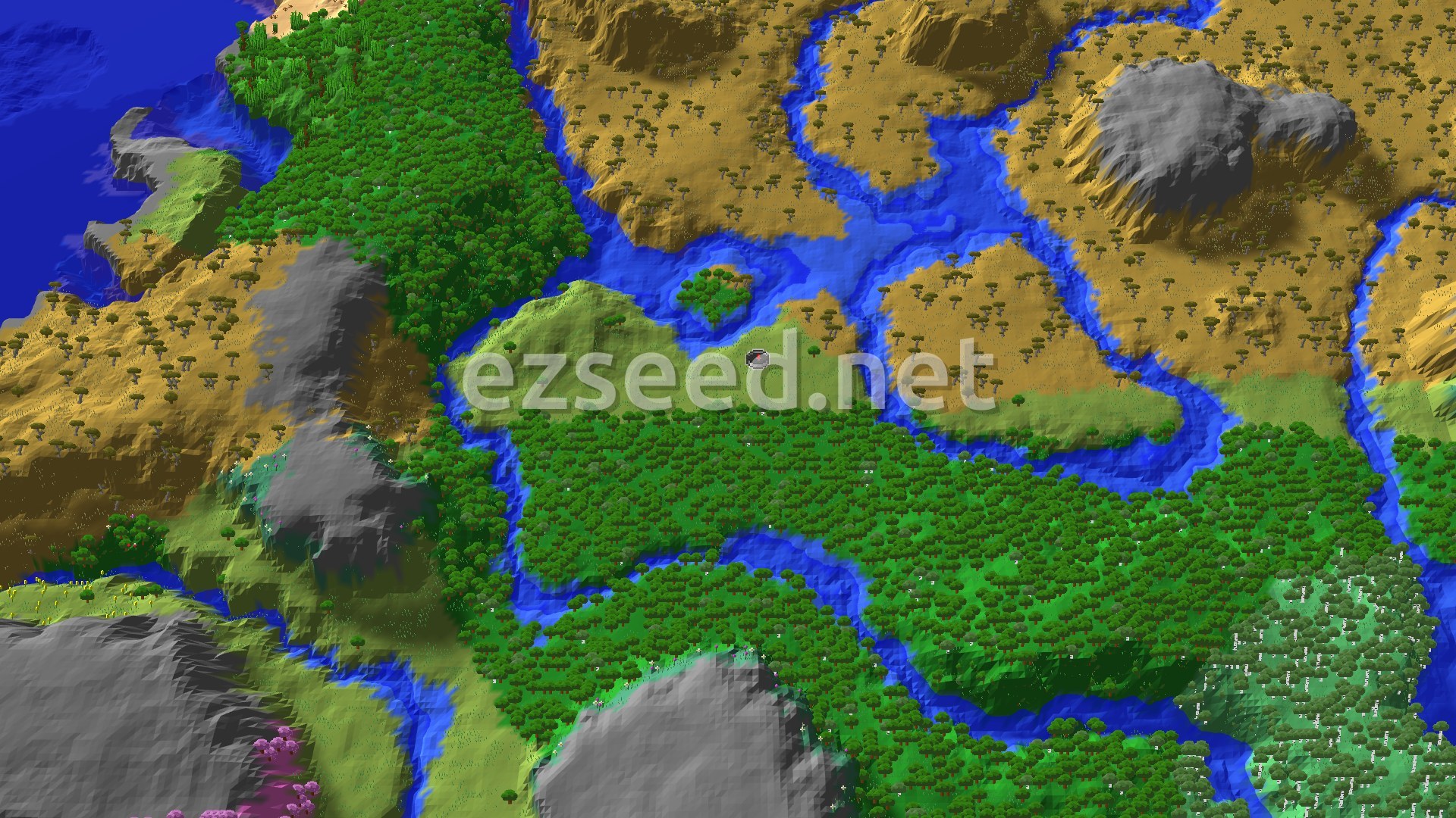 An aerial view of varied terrain featuring a mix of green forests, golden savanna hills, and blue rivers flowing through. A small spawn marker is visible near the center of the image.