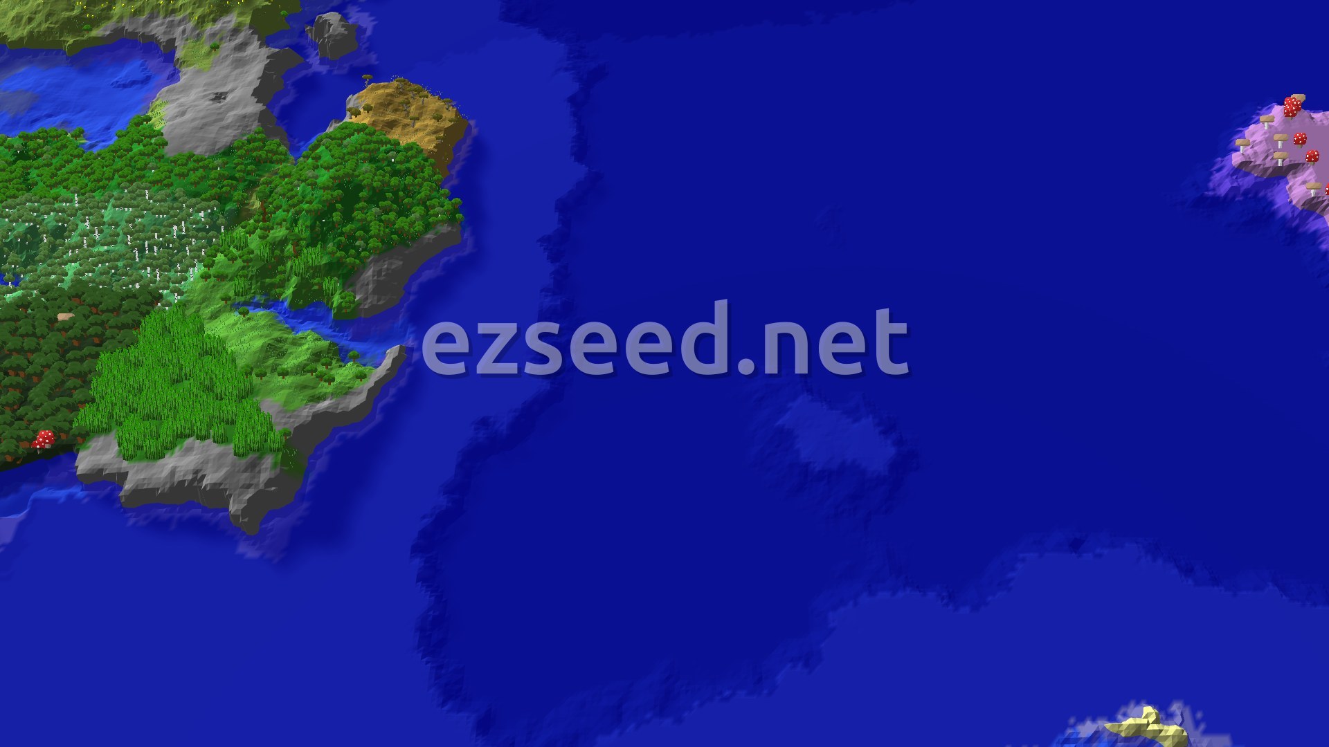 An aerial view showing a spawn island with plains and forests, bordered by water, with a distant mushroom island.